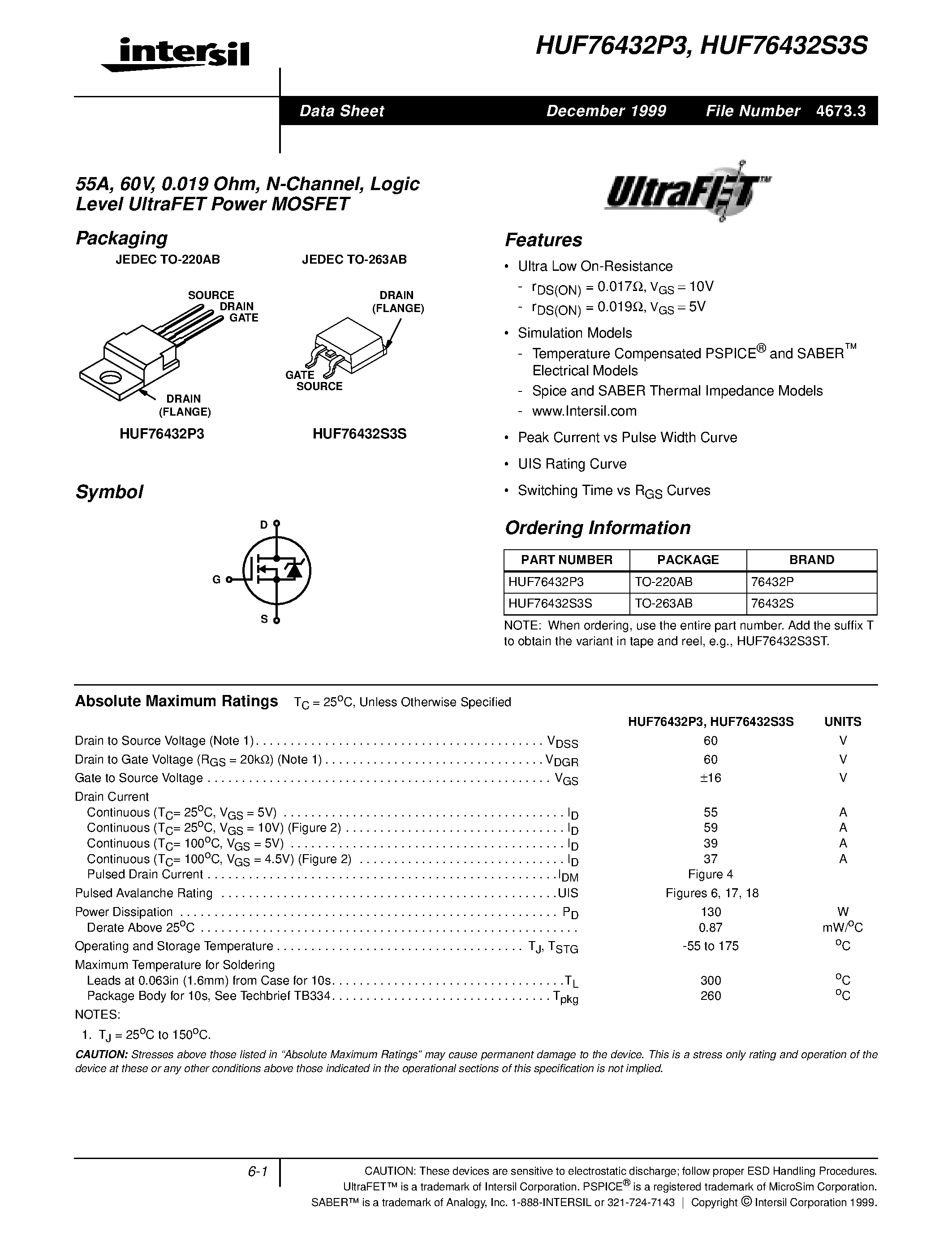 Datasheet HUF76423S3S - 33A/ 60V/ 0.035 Ohm/ N-Channel/ Logic Level UltraFET Power MOSFET page 1