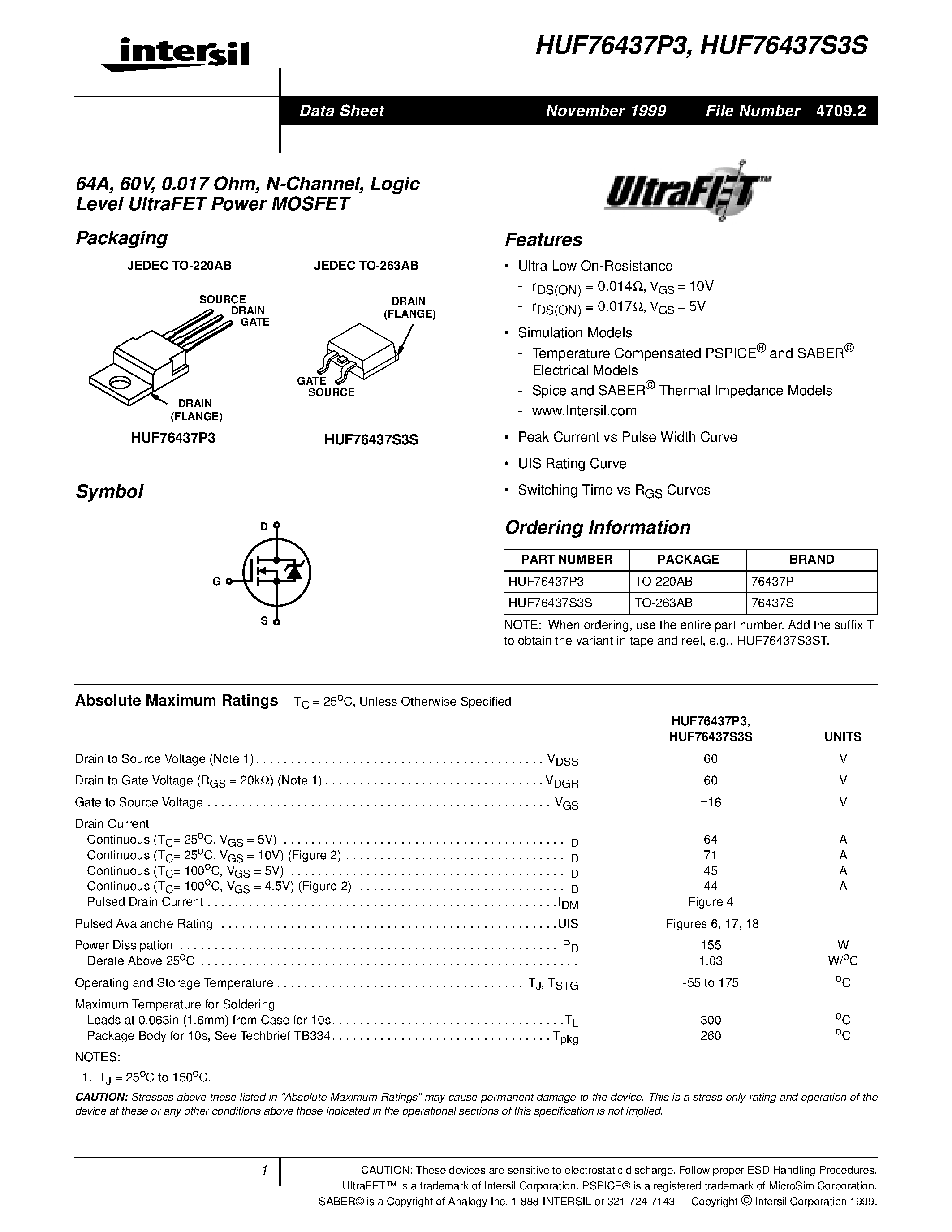 Datasheet HUF76429D3 - 20A/ 60V/ 0.027 Ohm/ N-Channel/ Logic Level UltraFET Power MOSFET page 1