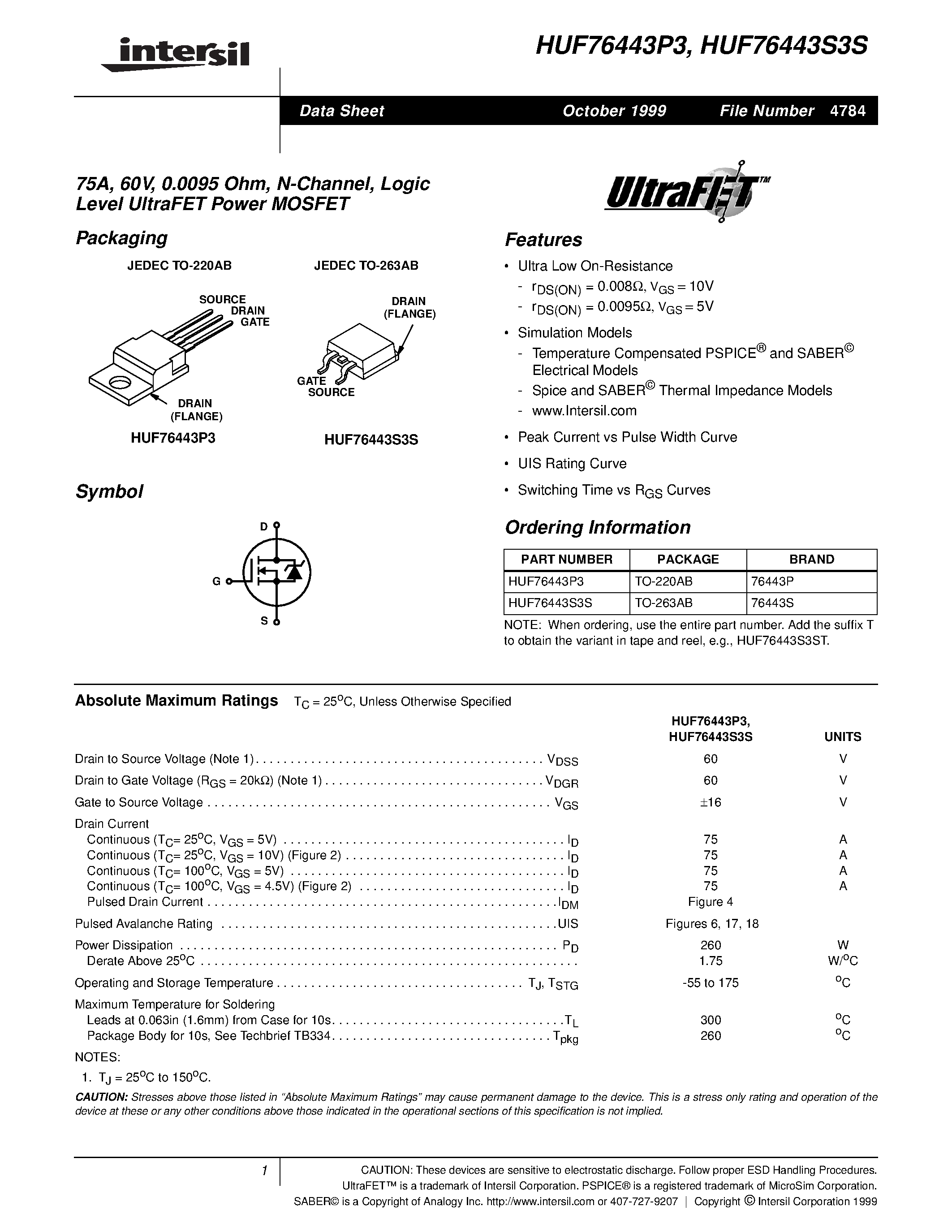Datasheet HUF76429P3 - 44A/ 60V/ 0.025 Ohm/ N-Channel/ Logic Level UltraFET Power MOSFET page 1