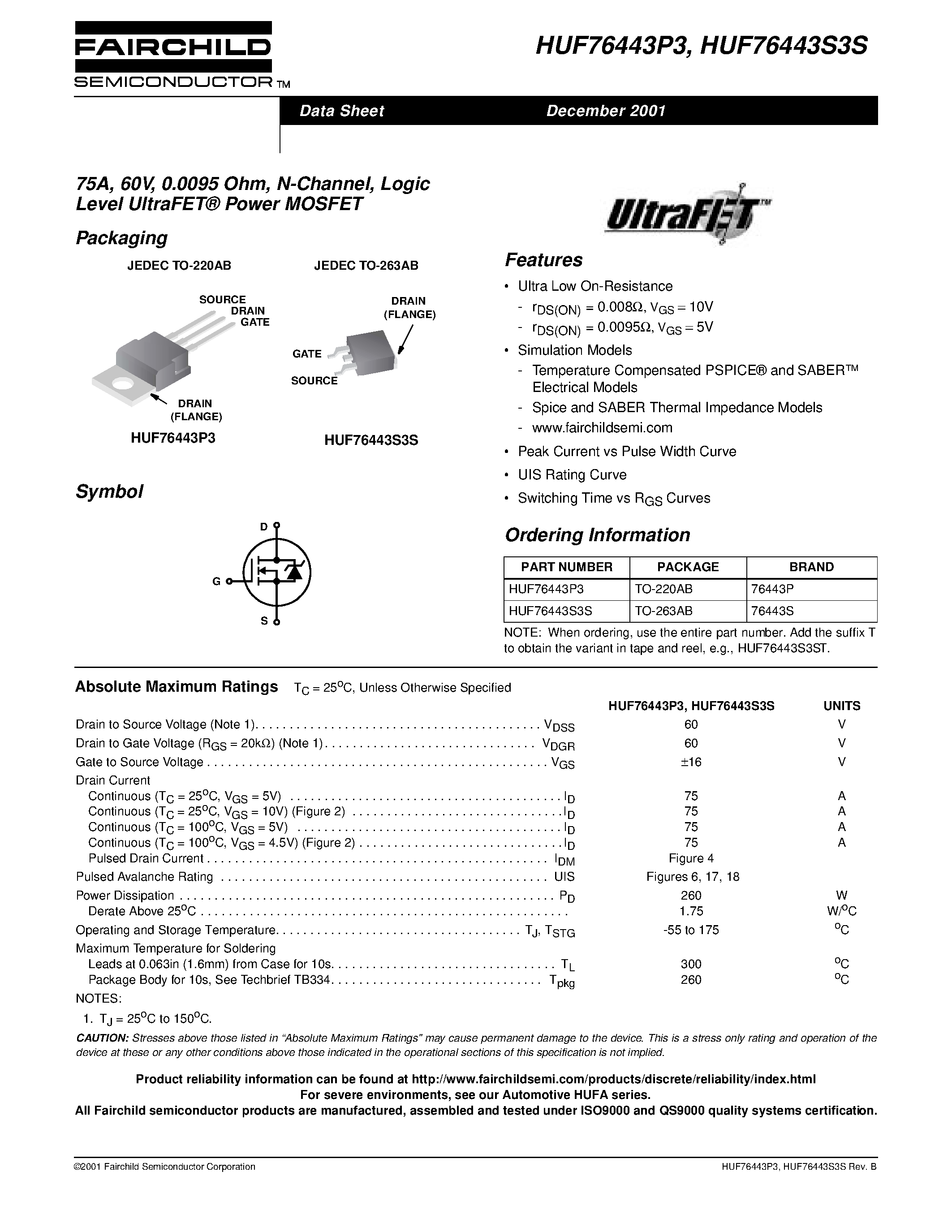 Datasheet HUF76609D3 - 10A/ 100V/ 0.165 Ohm/ N-Channel/ Logic Level UltraFET Power MOSFET page 1