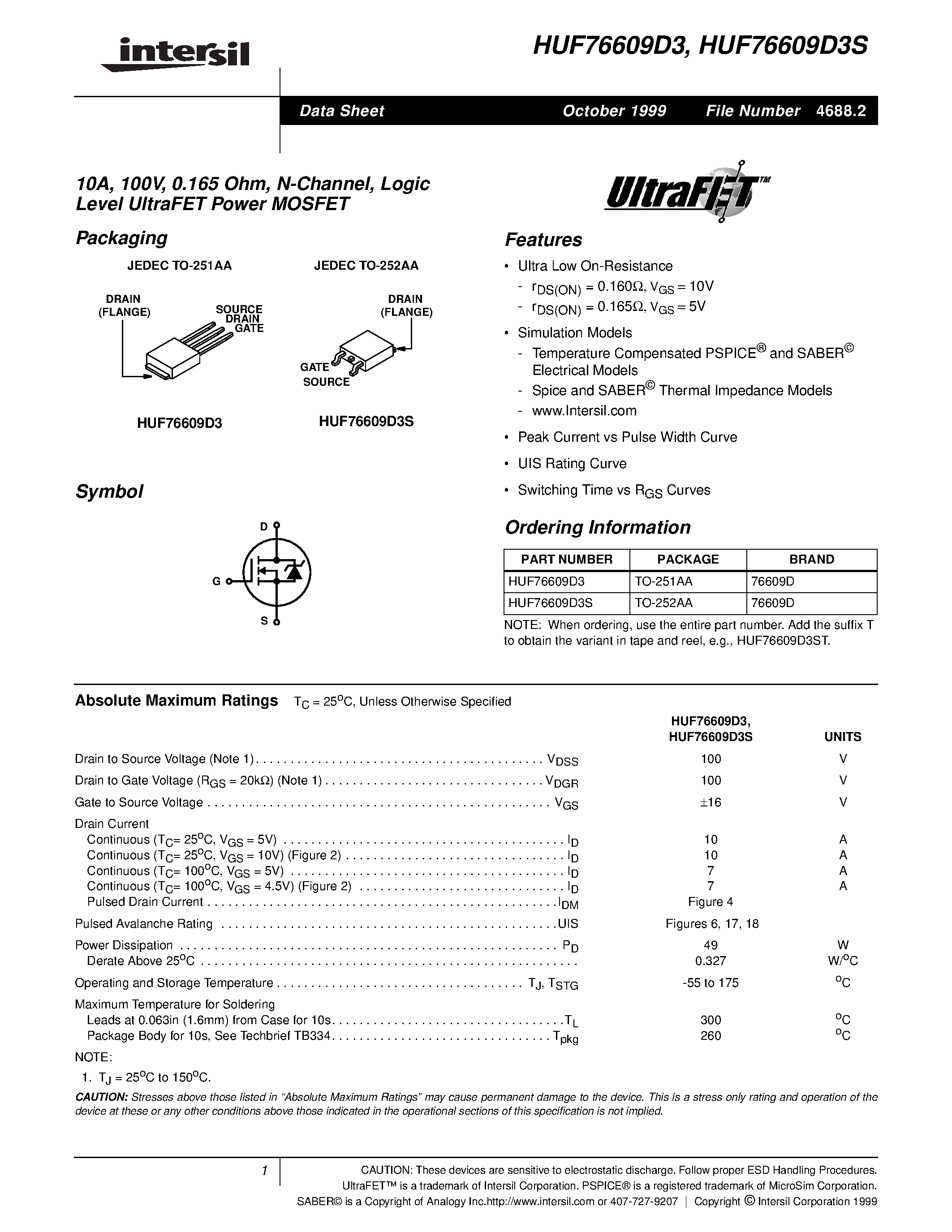 Datasheet HUF76432P3 - 55A/ 60V/ 0.019 Ohm/ N-Channel/ Logic Level UltraFET Power MOSFET page 1