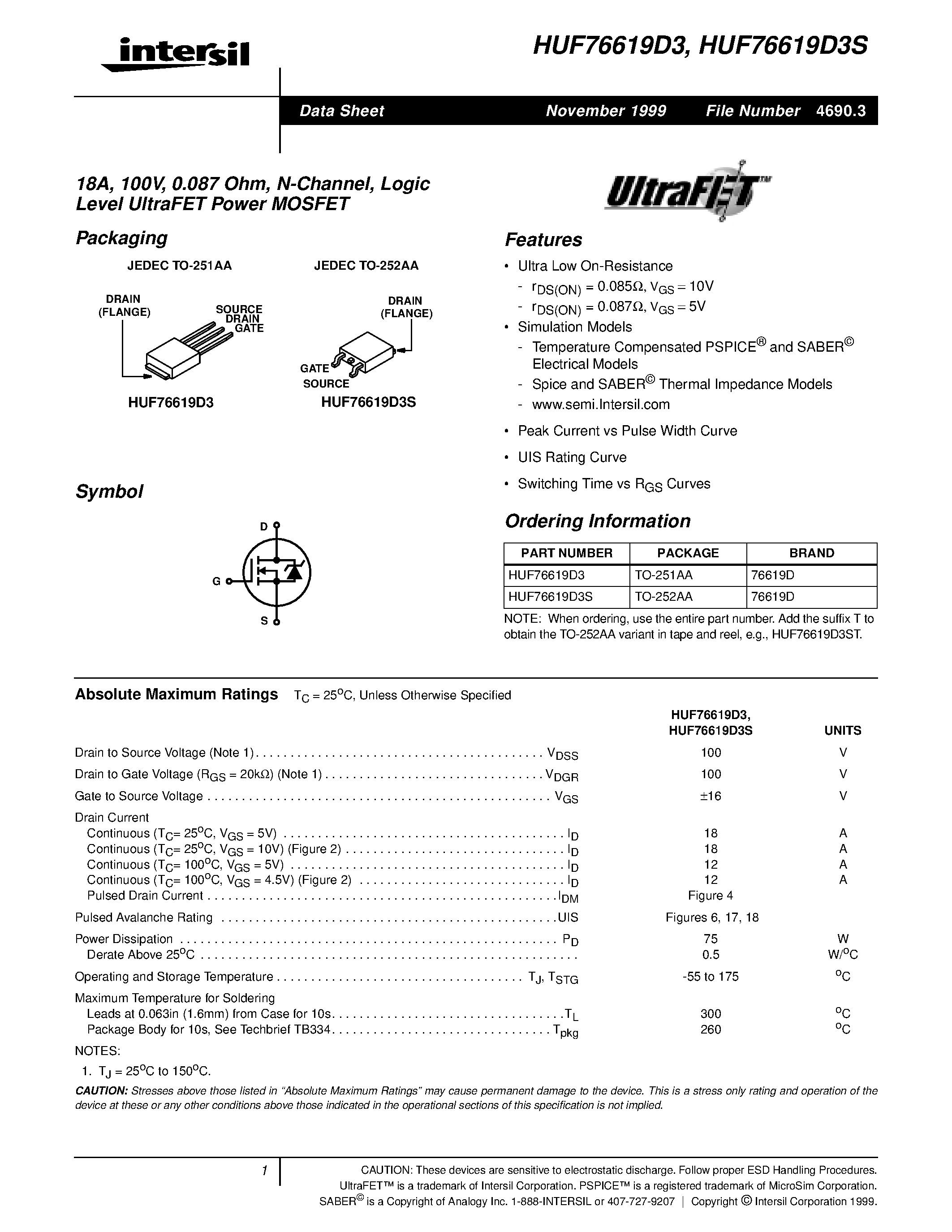 Datasheet HUF76432S3S - 55A/ 60V/ 0.019 Ohm/ N-Channel/ Logic Level UltraFET Power MOSFET page 1