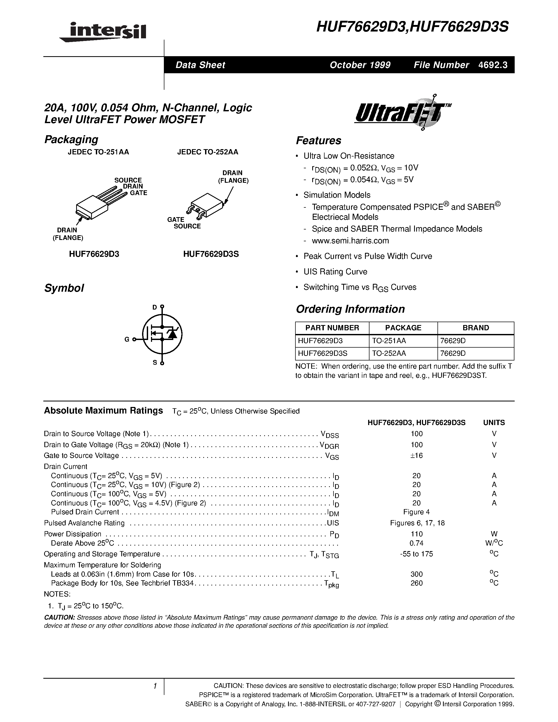 Datasheet HUF76629D3 - 20A/ 100V/ 0.054 Ohm/ N-Channel/ Logic Level UltraFET Power MOSFET page 1