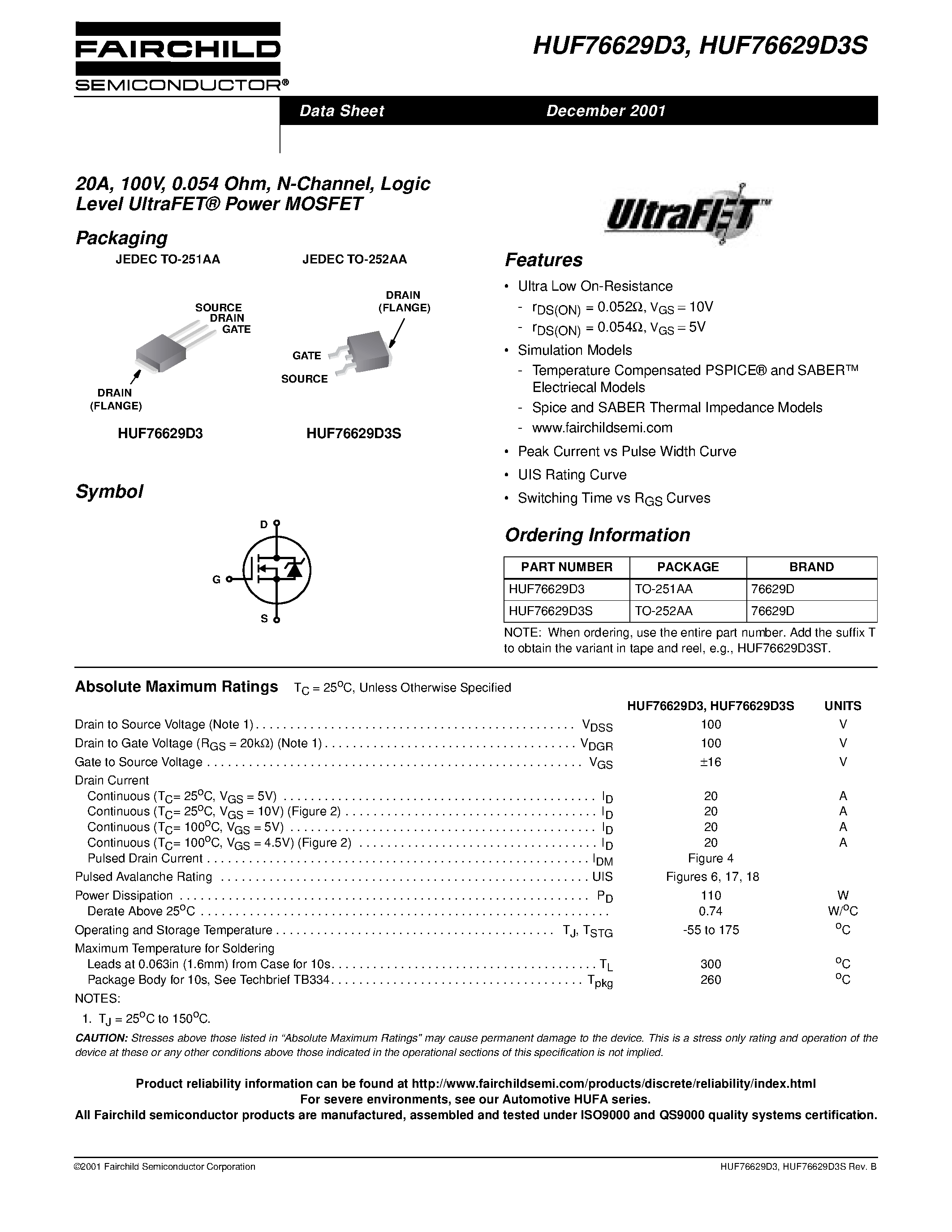 Datasheet HUF76629D3S - 20A/ 100V/ 0.054 Ohm/ N-Channel/ Logic Level UltraFET Power MOSFET page 1