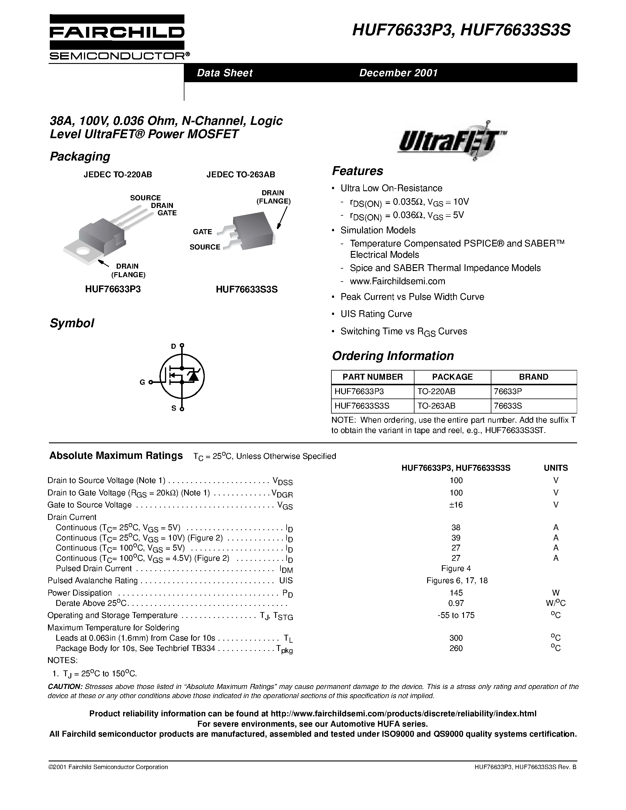 Datasheet HUF76633P3 - 38A/ 100V/ 0.036 Ohm/ N-Channel/ Logic Level UltraFET Power MOSFET page 1