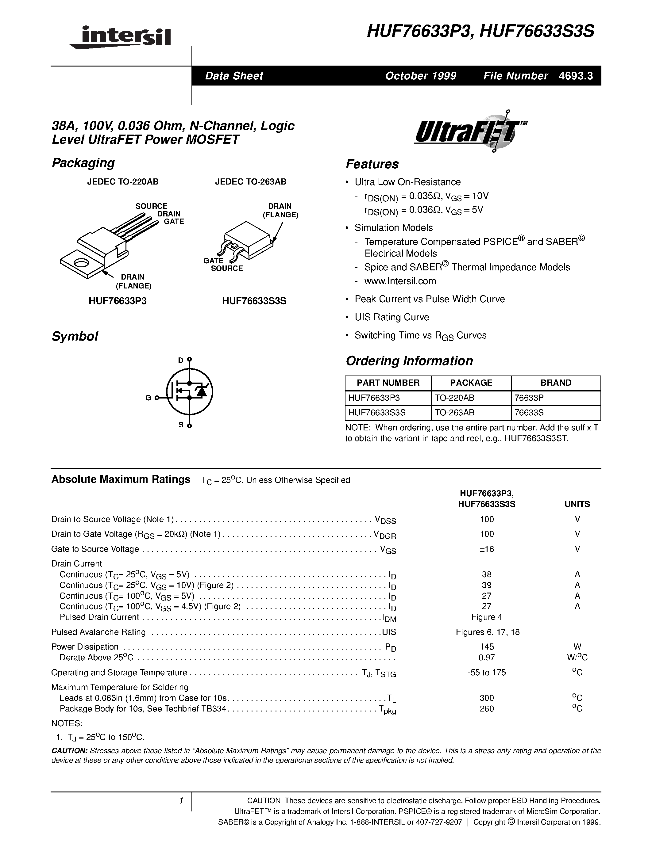 Datasheet HUF76633S3S - 38A/ 100V/ 0.036 Ohm/ N-Channel/ Logic Level UltraFET Power MOSFET page 1