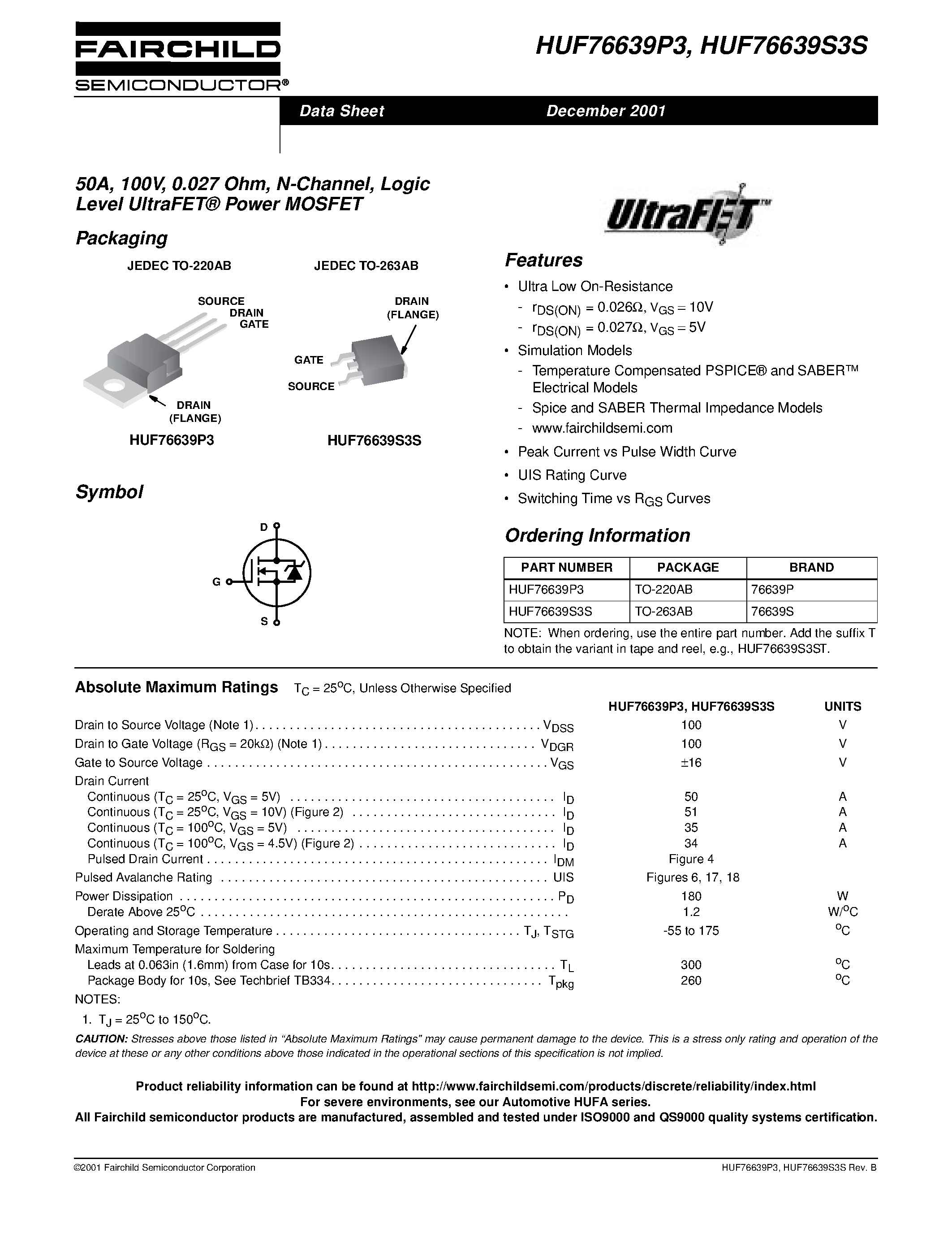 Datasheet HUF76639P3 - 50A/ 100V/ 0.027 Ohm/ N-Channel/ Logic Level UltraFET Power MOSFET page 1