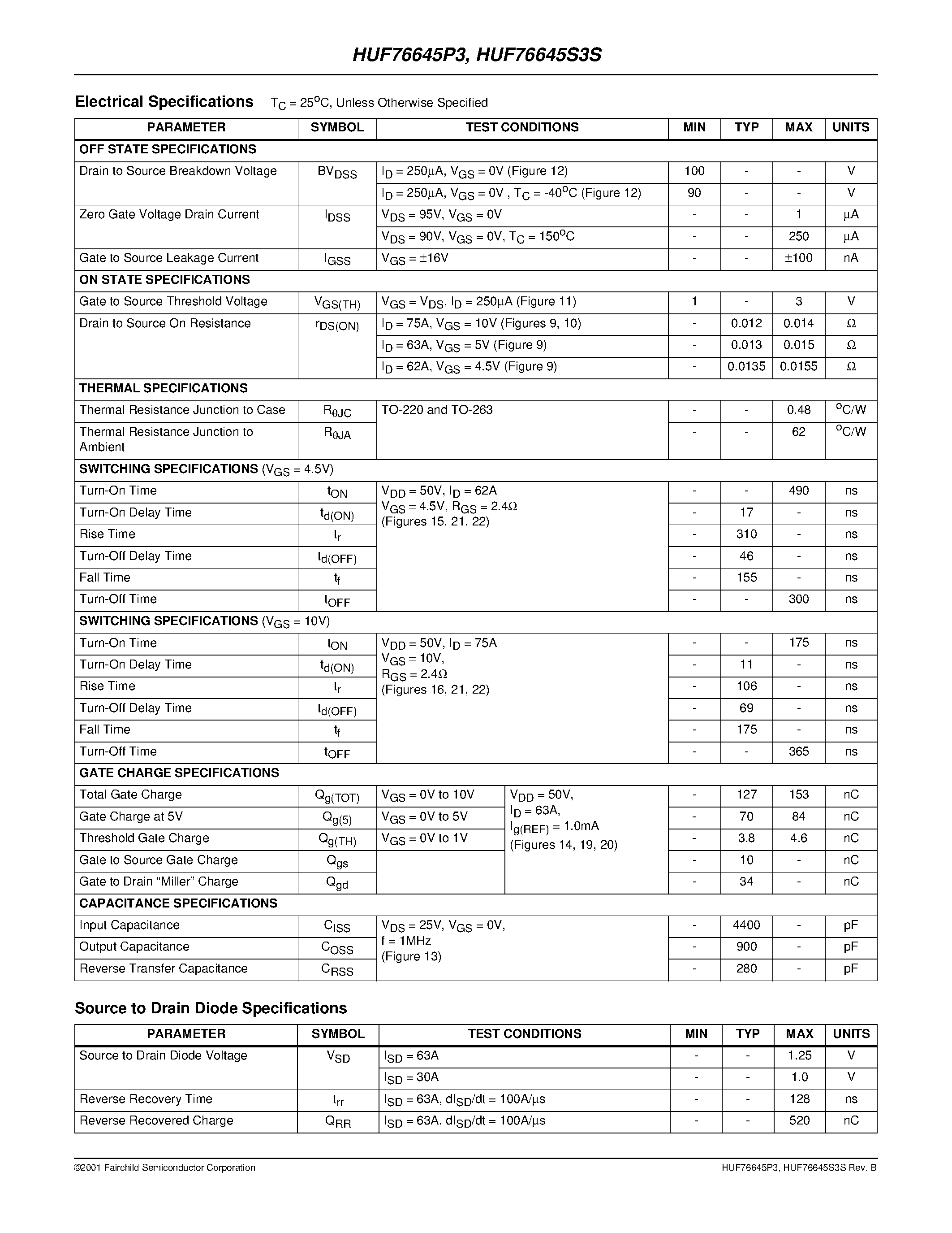 Datasheet HUF76645S3S - 75A/ 100V/ 0.015 Ohm/ N-Channel/ Logic Level UltraFET Power MOSFET page 2
