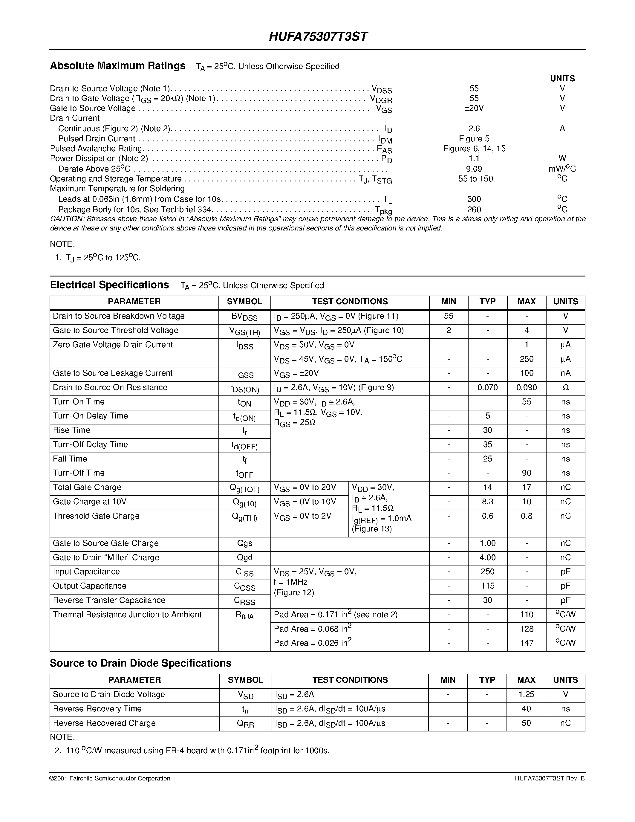 Даташит на микросхему HUFA75307T3ST страница 2 Даташит HUFA75307T3ST - 2.6A/ 55V/ 0.090 Ohm/ N-Channel UltraFET Power MOSFET страница 2