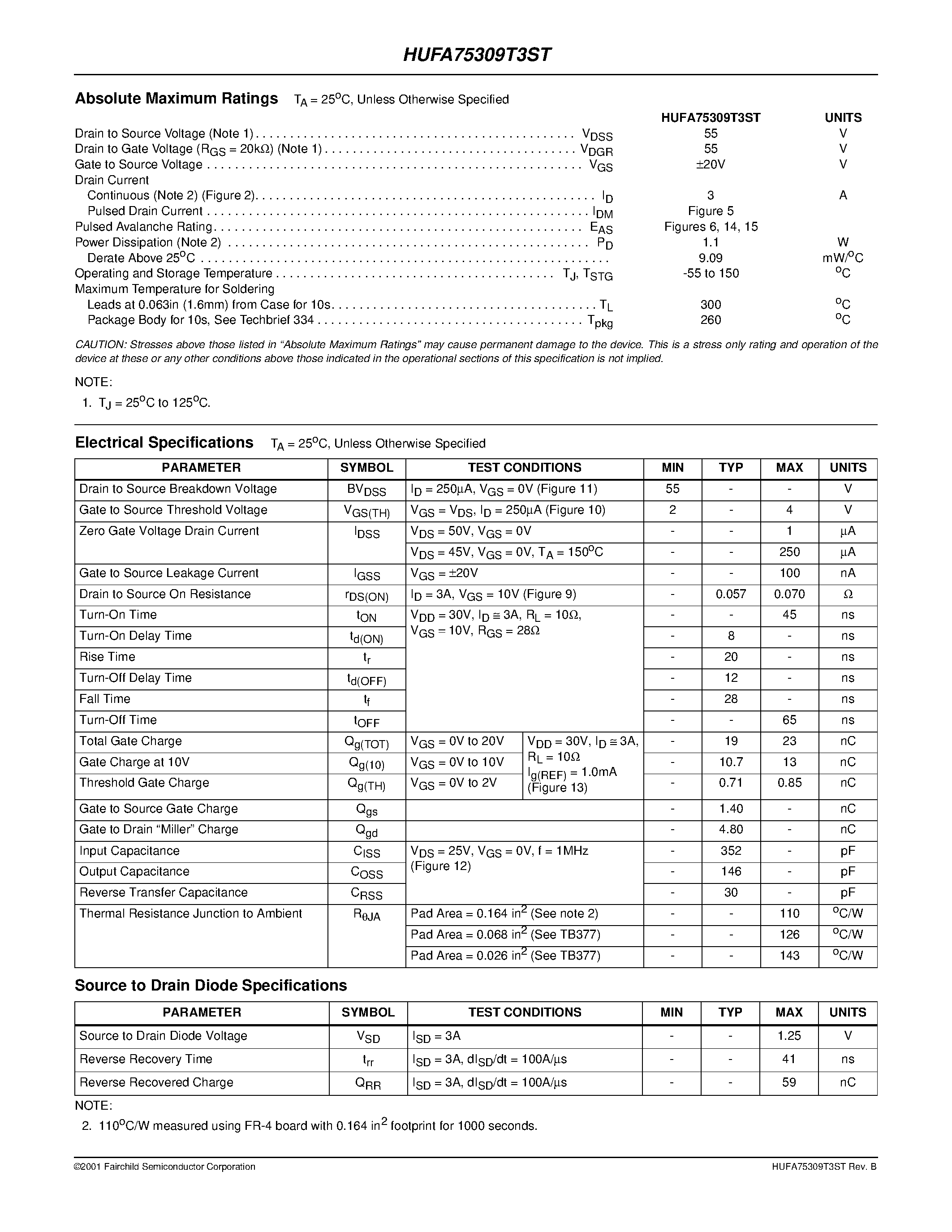 Даташит на микросхему HUFA75309T3ST страница 2 Даташит HUFA75309T3ST - 3A/ 55V/ 0.070 Ohm/ N-Channel UltraFET Power MOSFET страница 2