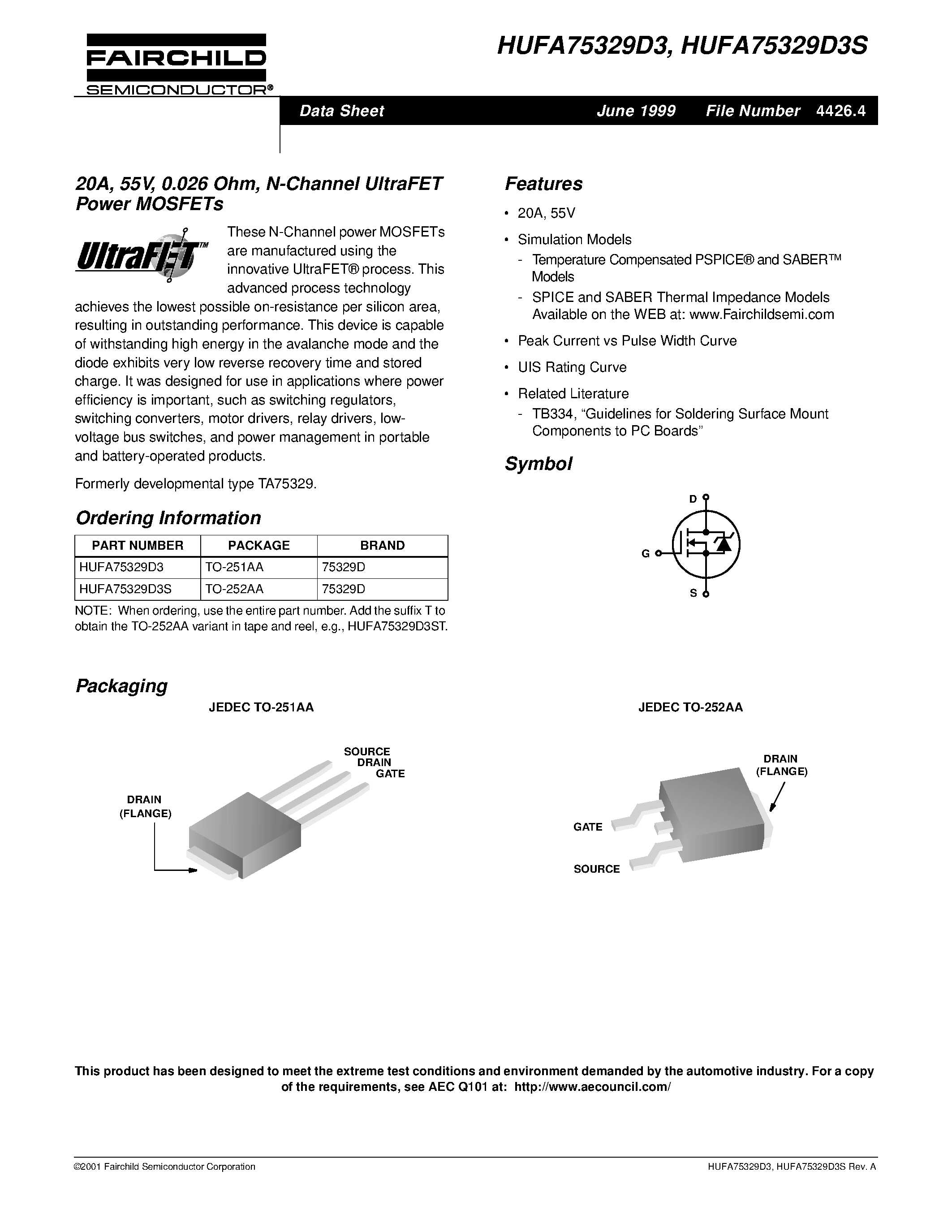 Datasheet HUFA75329D3 - 20A/ 55V/ 0.026 Ohm/ N-Channel UltraFET Power MOSFETs page 1
