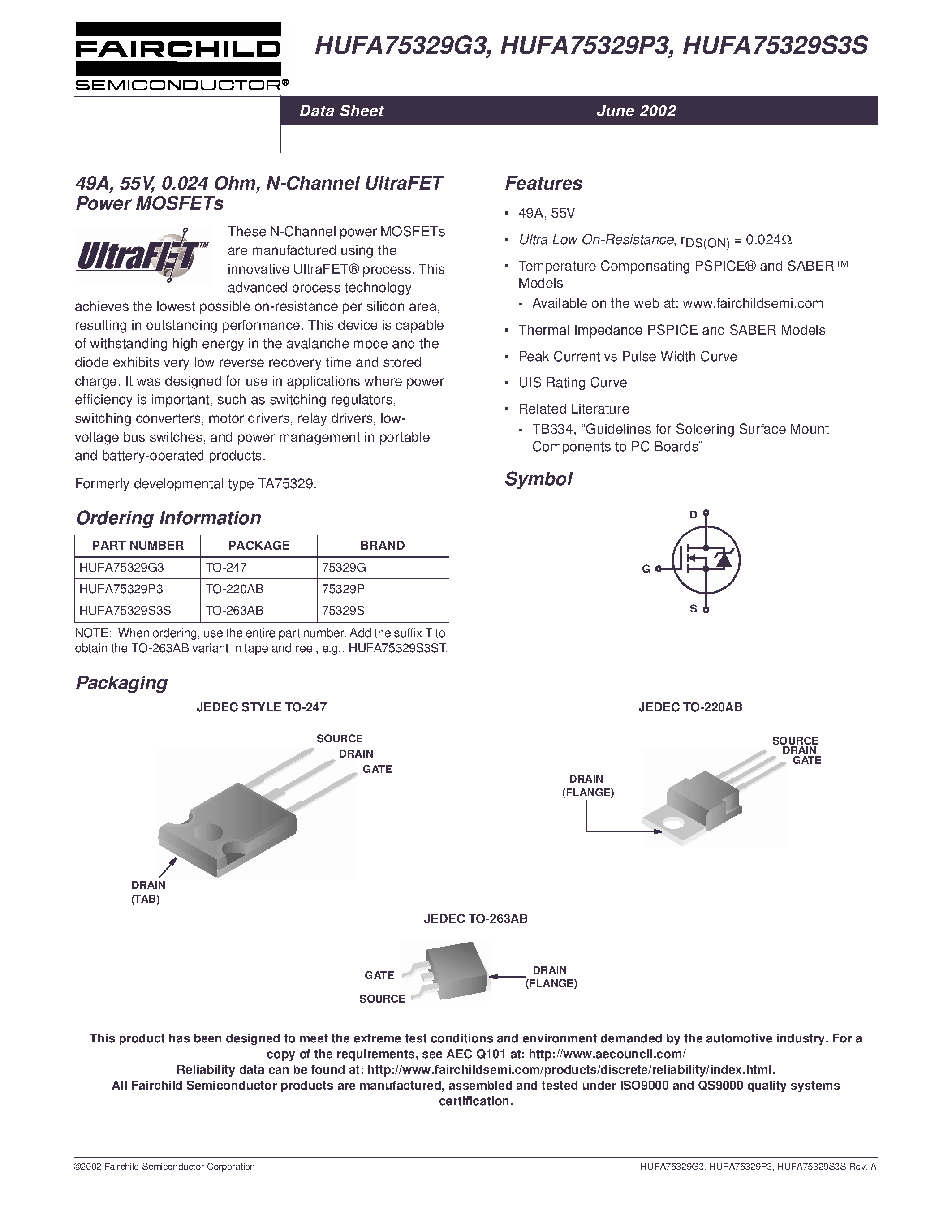 Datasheet HUFA75333P3 - 66A/ 55V/ 0.016 Ohm. N-Channel UltraFET Power MOSFETs page 1