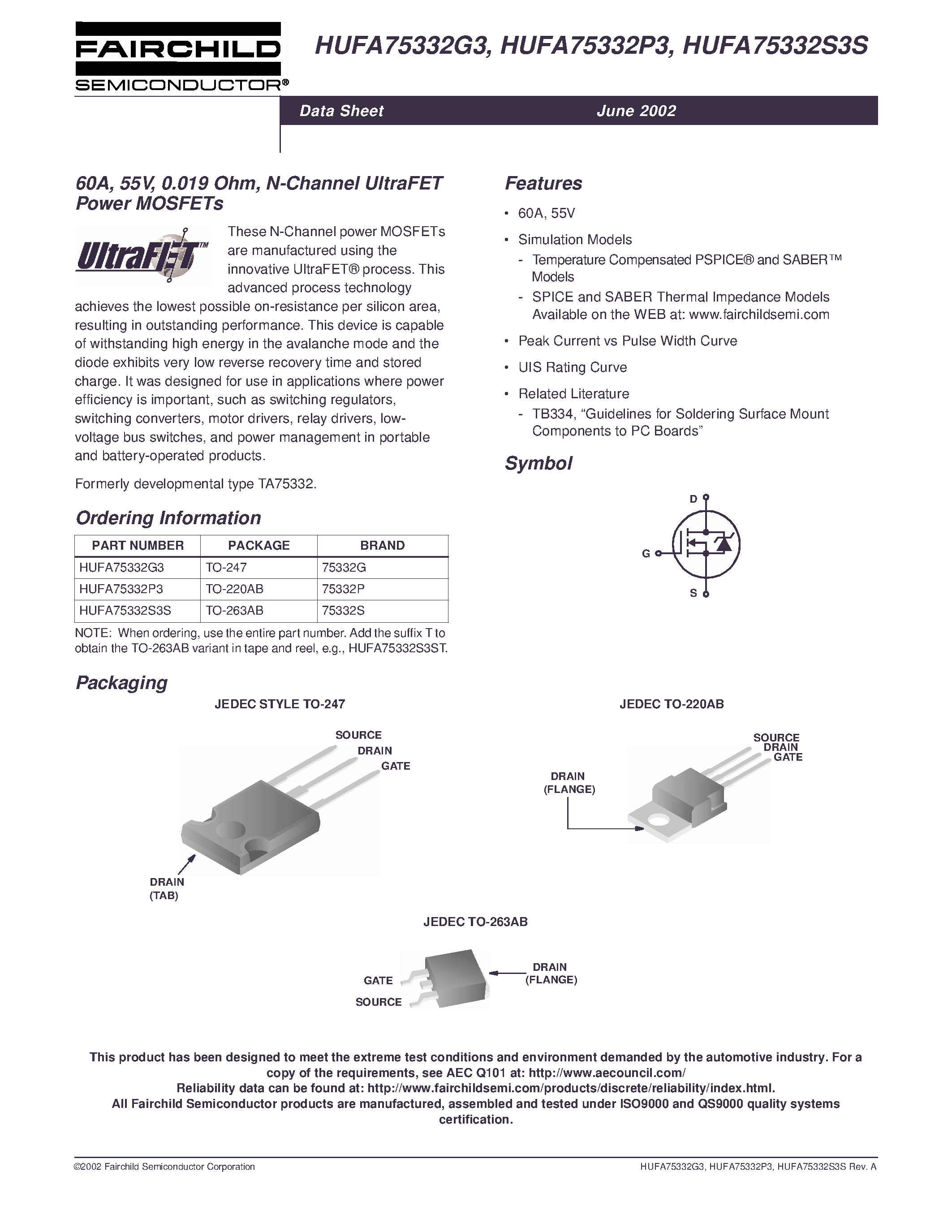 Datasheet HUFA75333S3S - 66A/ 55V/ 0.016 Ohm. N-Channel UltraFET Power MOSFETs page 1