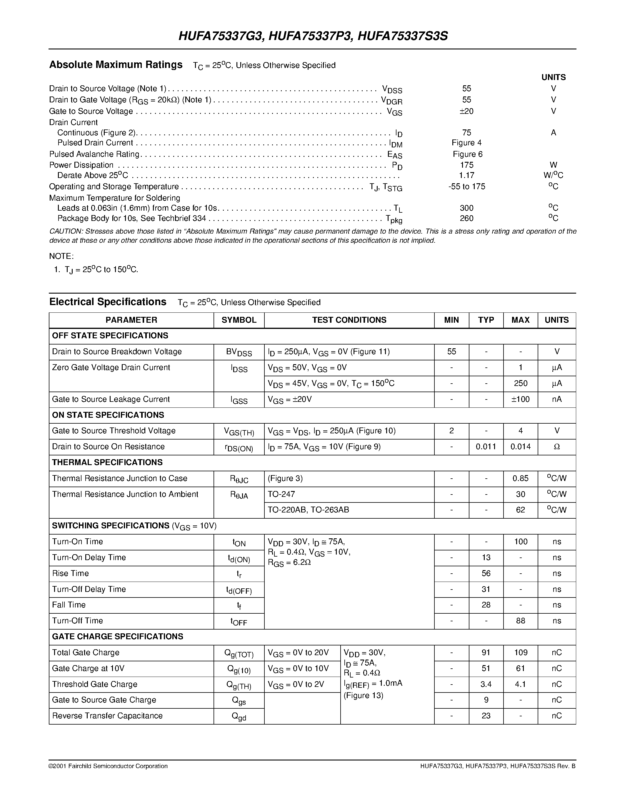 Datasheet HUFA75337S3S - 75A/ 55V/ 0.014 Ohm/ N-Channel UltraFET Power MOSFETs page 2
