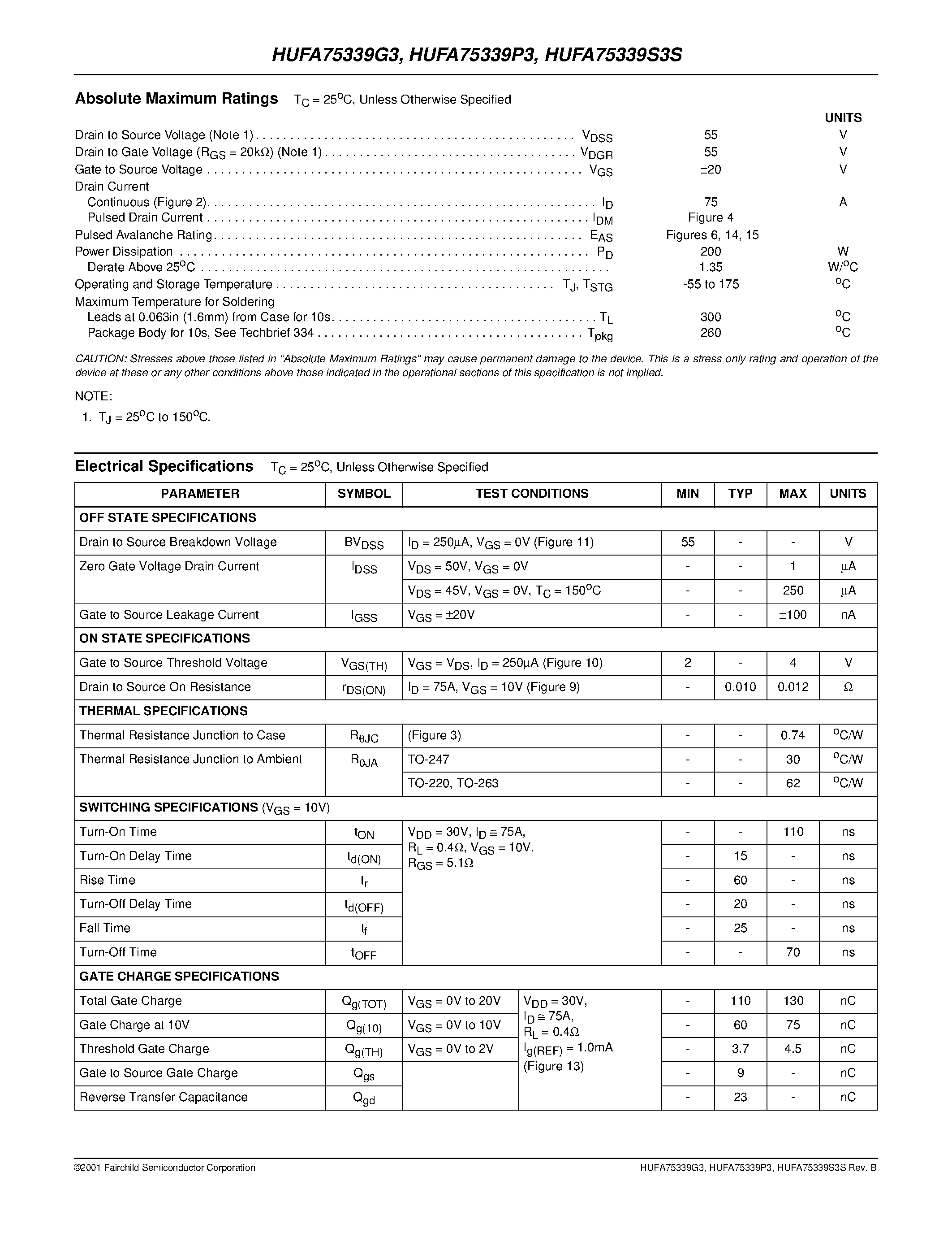 Даташит на микросхему HUFA75339P3 страница 2 Даташит HUFA75339P3 - 75A/ 55V/ 0.012 Ohm/ N-Channel UltraFET Power MOSFETs страница 2