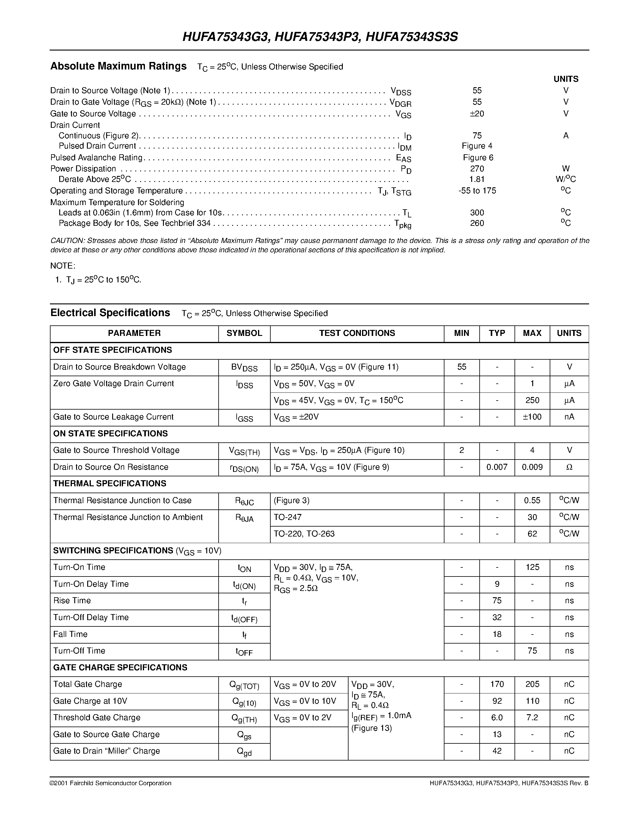 Datasheet HUFA75343S3S page 2 Datasheet HUFA75343S3S - 75A/ 55V/ 0.009 Ohm/ N-Channel UltraFET Power MOSFETs page 2