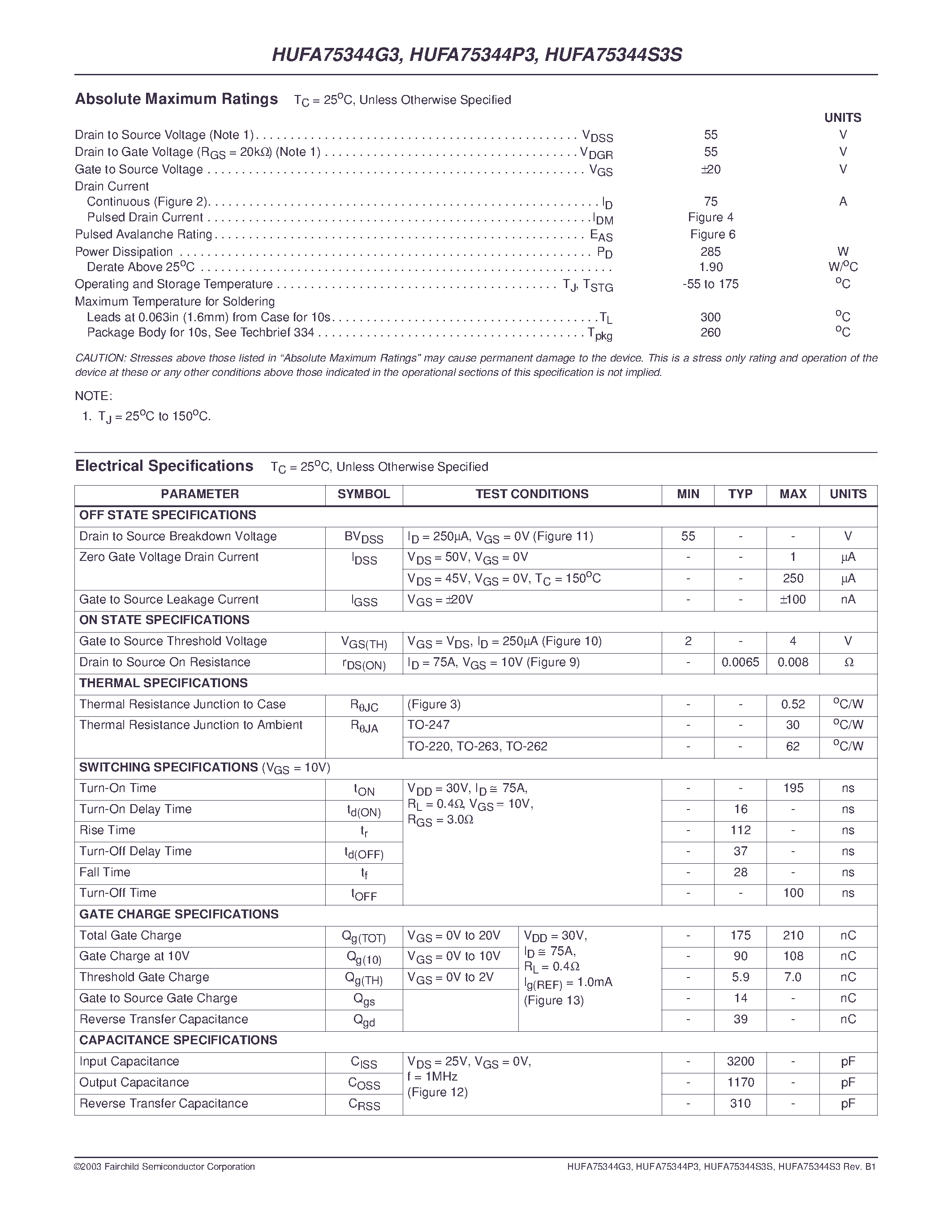 Datasheet HUFA75344S3 page 2 Datasheet HUFA75344S3 - 75A/ 55V/ 0.008 Ohm/ N-Channel UltraFET Power MOSFETs page 2