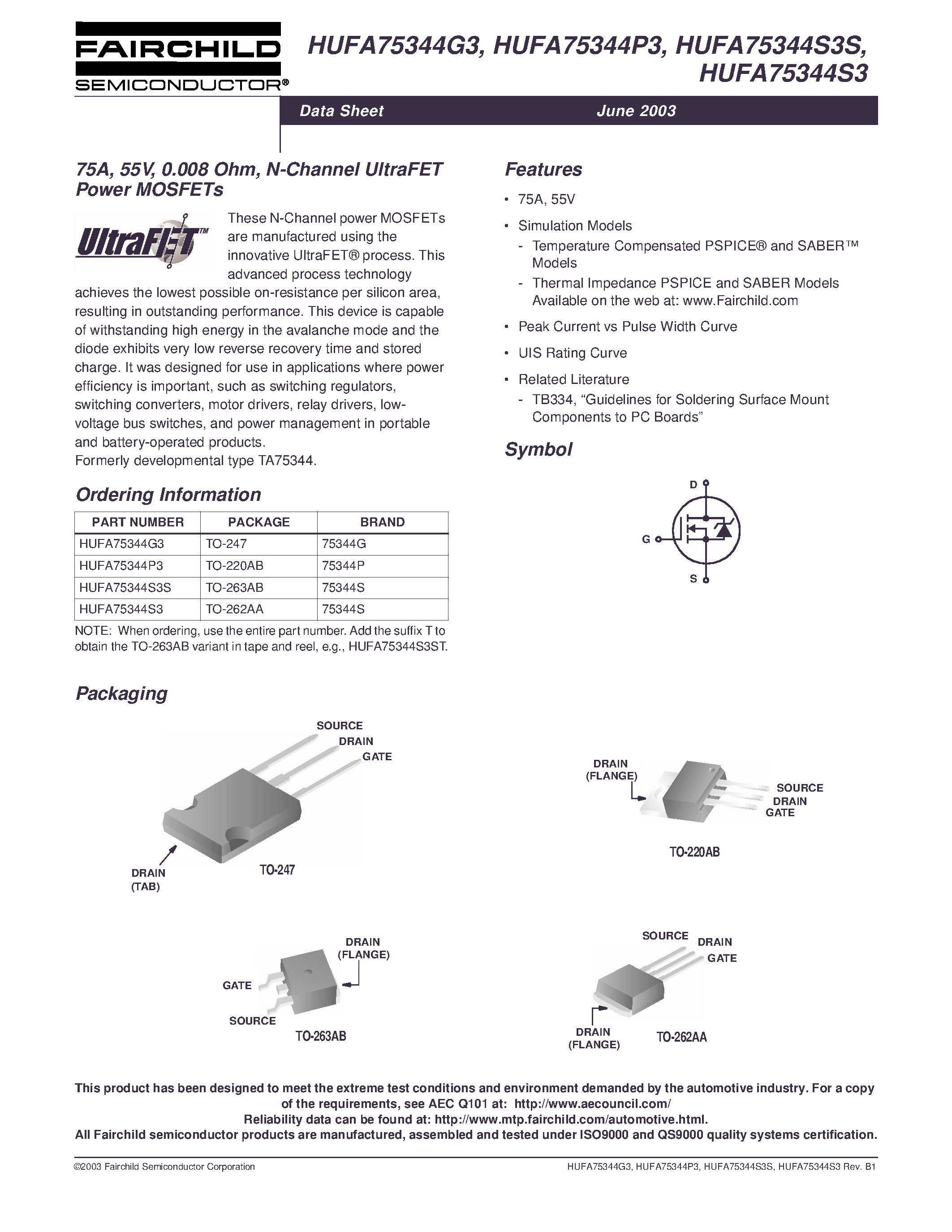 Datasheet HUFA75344S3S - 75A/ 55V/ 0.008 Ohm/ N-Channel UltraFET Power MOSFETs page 1