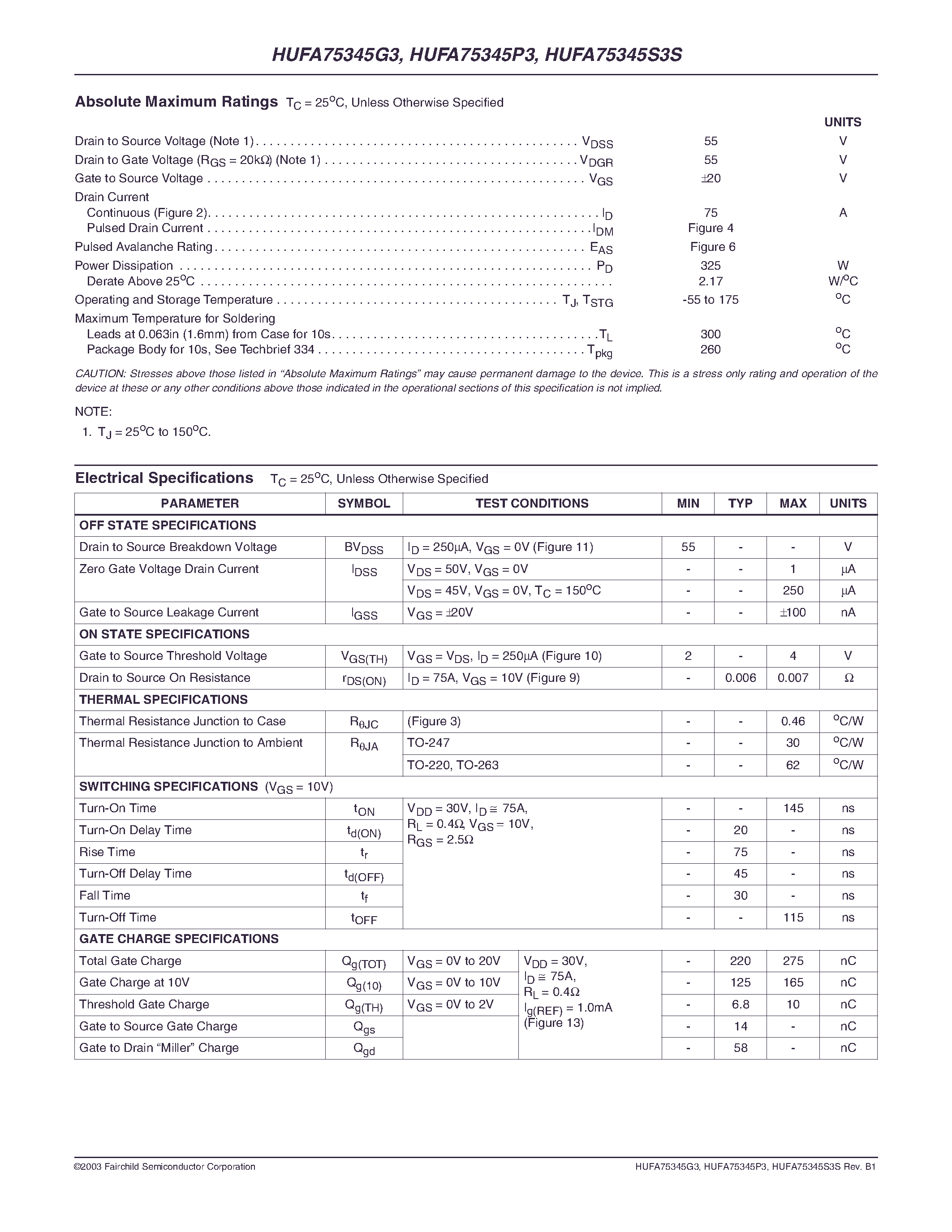 Datasheet HUFA75345S3S page 2 Datasheet HUFA75345S3S - 75A/ 55V/ 0.007 Ohm/ N-Channel UltraFET Power MOSFETs page 2
