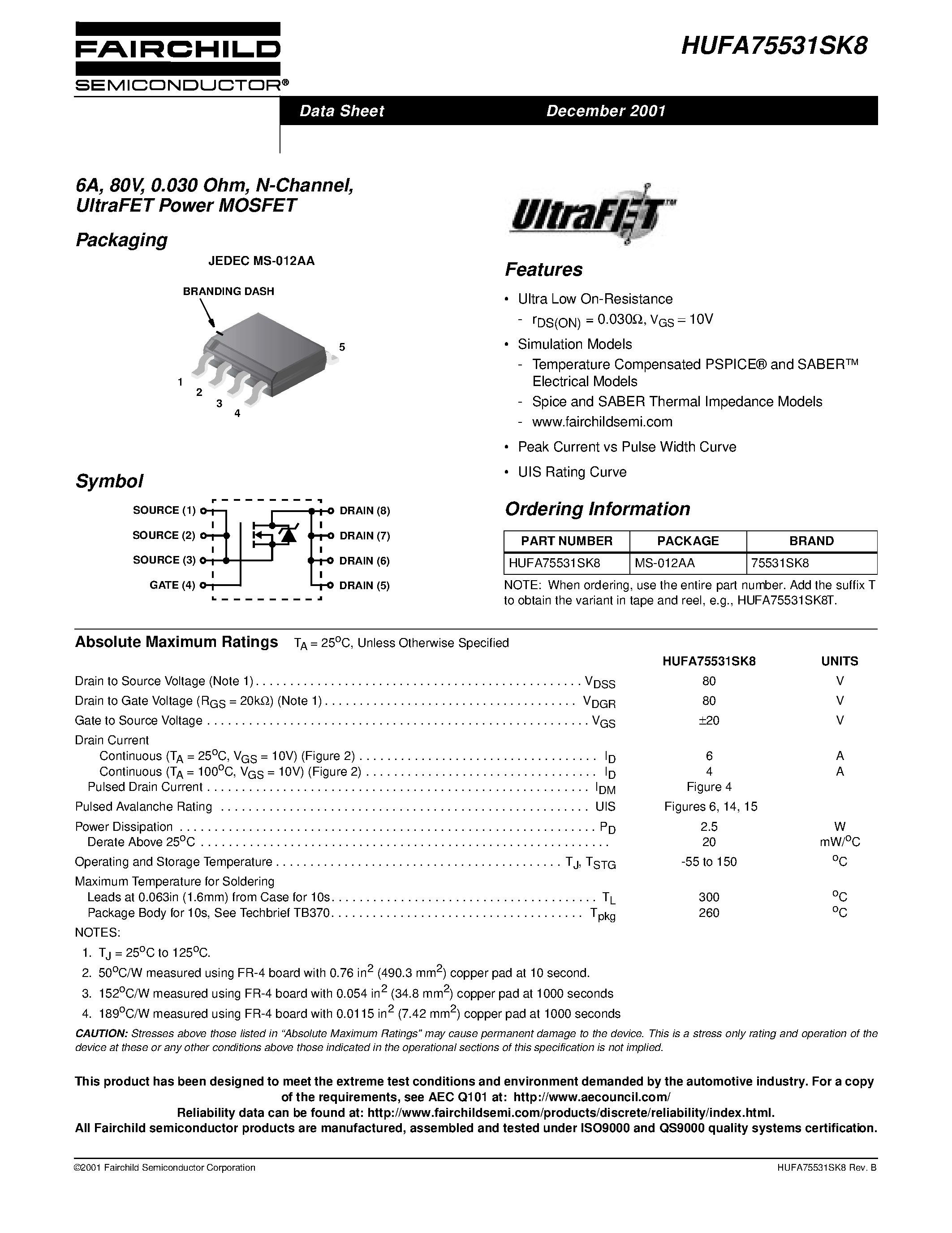 Даташит HUFA75531SK8 - 6A/ 80V/ 0.030 Ohm/ N-Channel/ UltraFET Power MOSFET страница 1