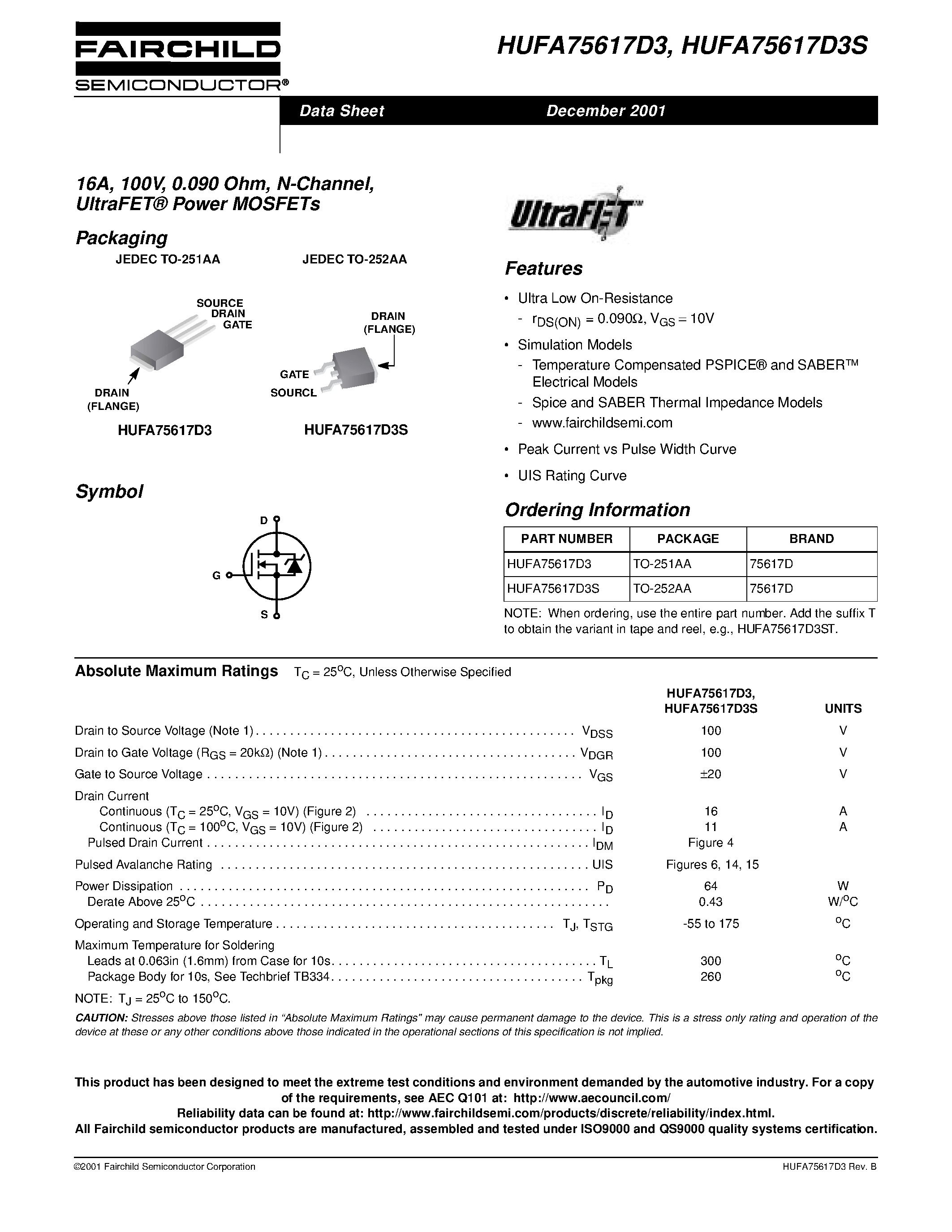 Даташит HUFA75617D3 - 16A/ 100V/ 0.090 Ohm/ N-Channel/ UltraFET Power MOSFETs страница 1
