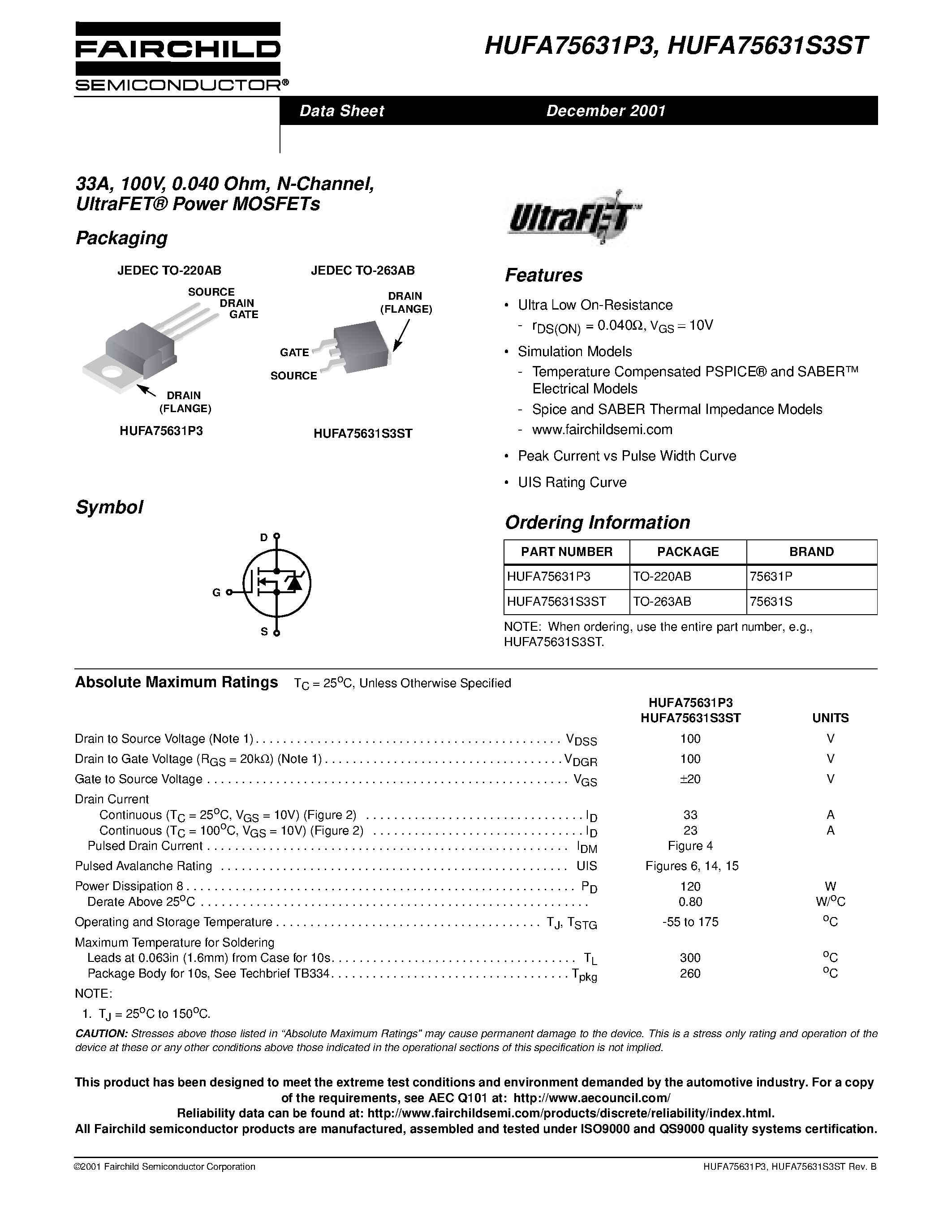 Даташит HUFA75631S3ST - 33A/ 100V/ 0.040 Ohm/ N-Channel/ UltraFET Power MOSFETs страница 1
