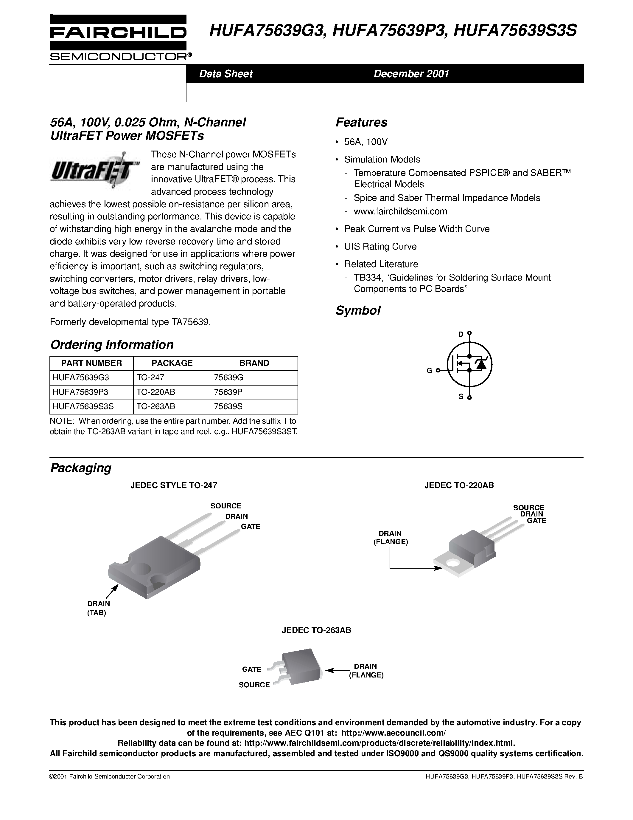 Даташит HUFA75639P3 - 56A/ 100V/ 0.025 Ohm/ N-Channel UltraFET Power MOSFETs страница 1
