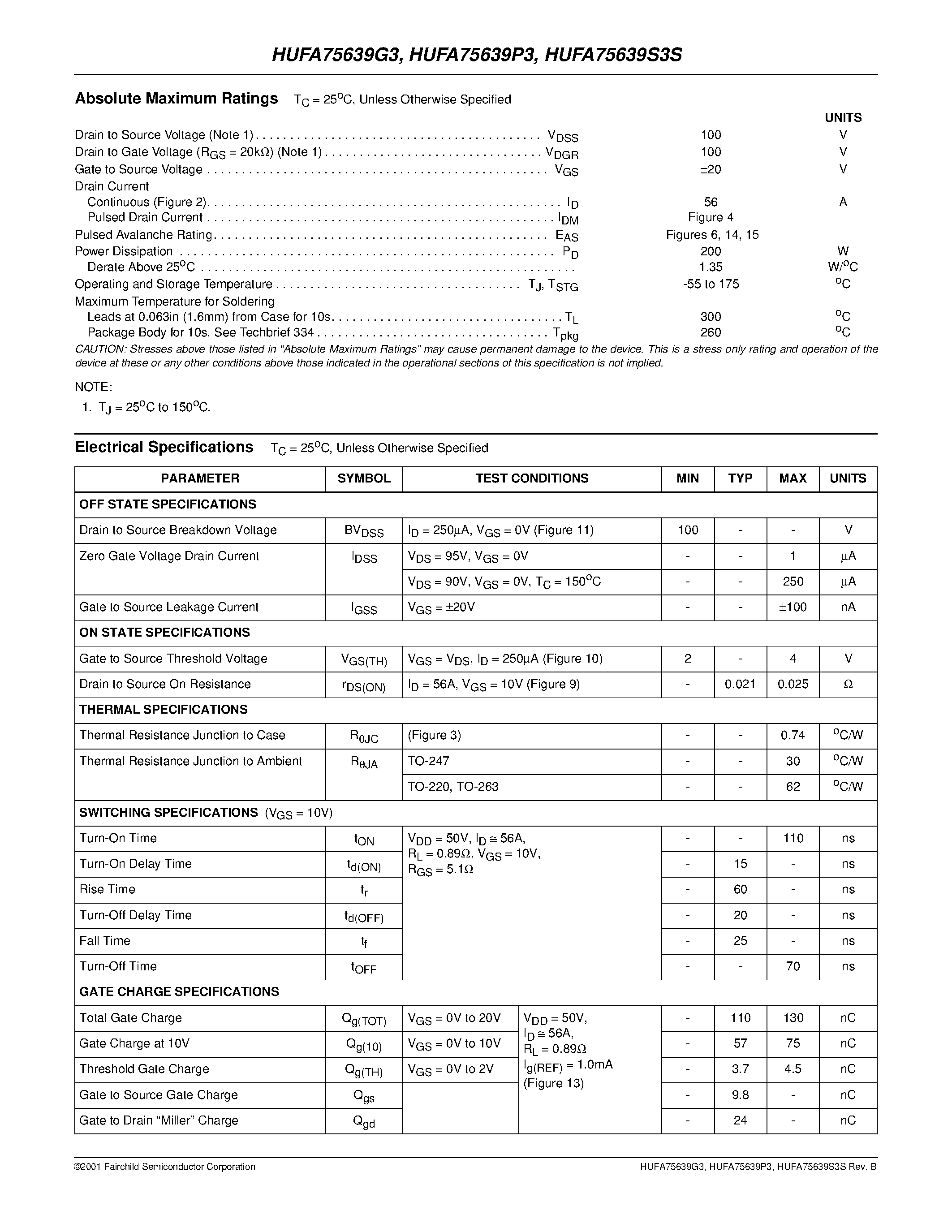 Datasheet HUFA75639S3S page 2 Datasheet HUFA75639S3S - 56A/ 100V/ 0.025 Ohm/ N-Channel UltraFET Power MOSFETs page 2