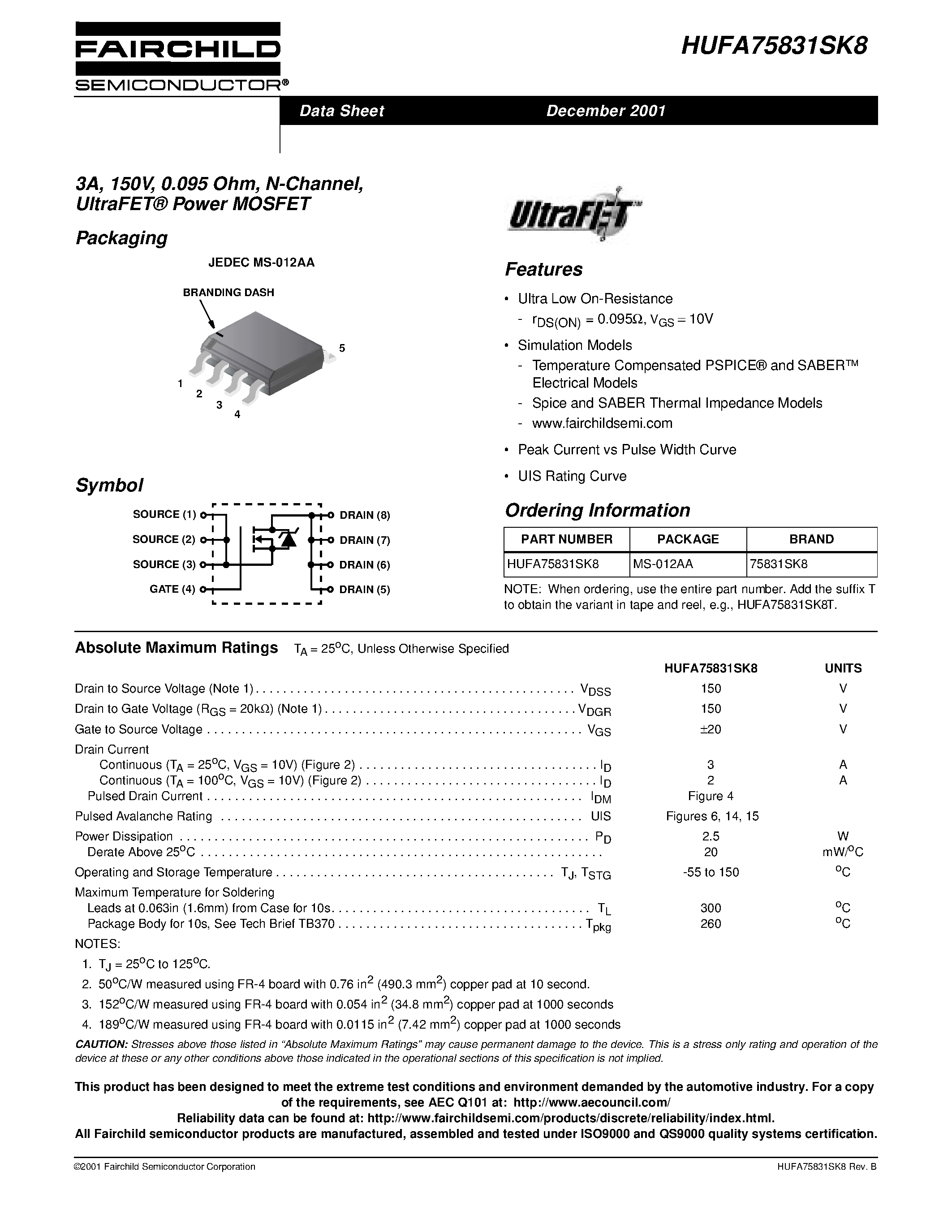 Datasheet HUFA75831SK8 - 3A/ 150V/ 0.095 Ohm/ N-Channel/ UltraFET Power MOSFET page 1