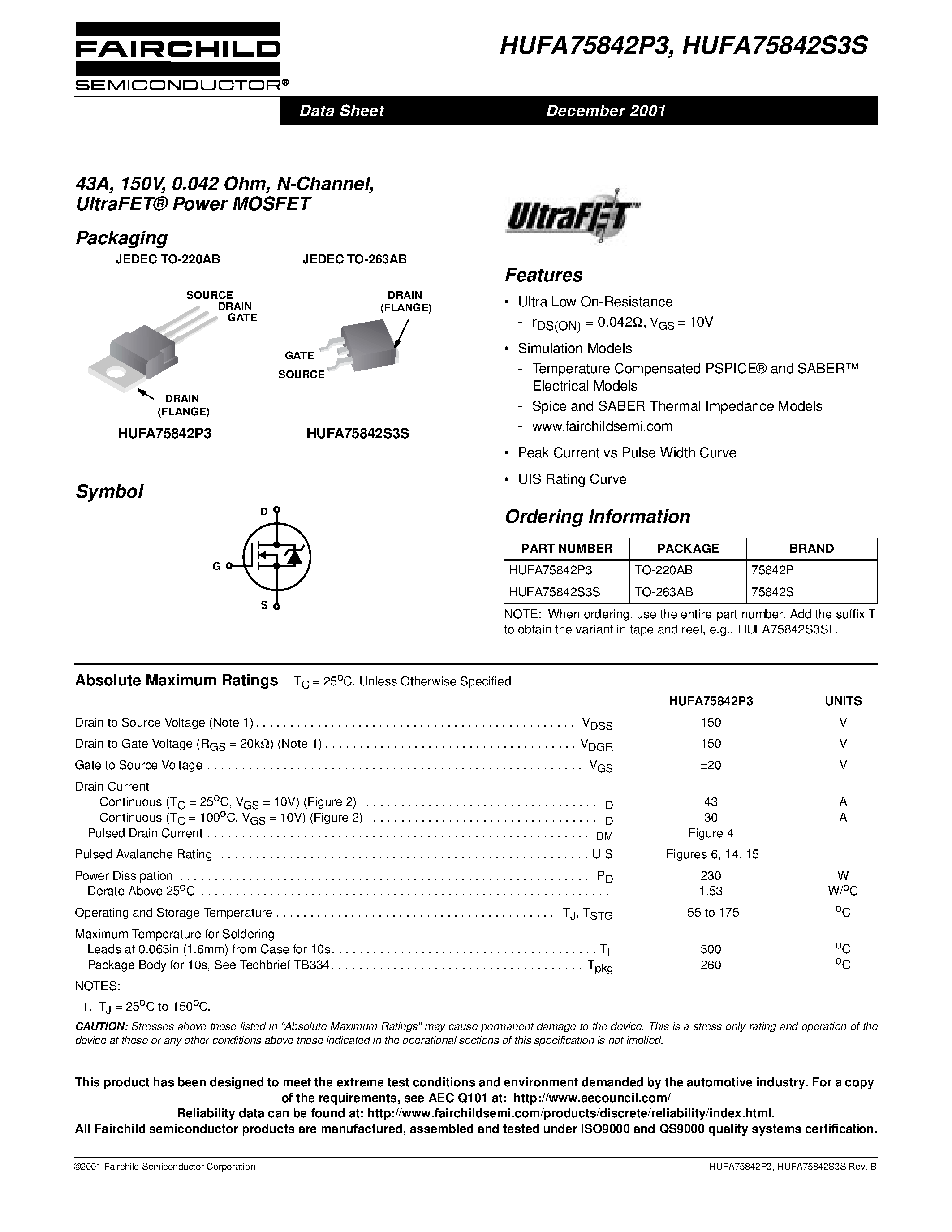 Даташит HUFA75842P3 - 43A/ 150V/ 0.042 Ohm/ N-Channel/ UltraFET Power MOSFET страница 1