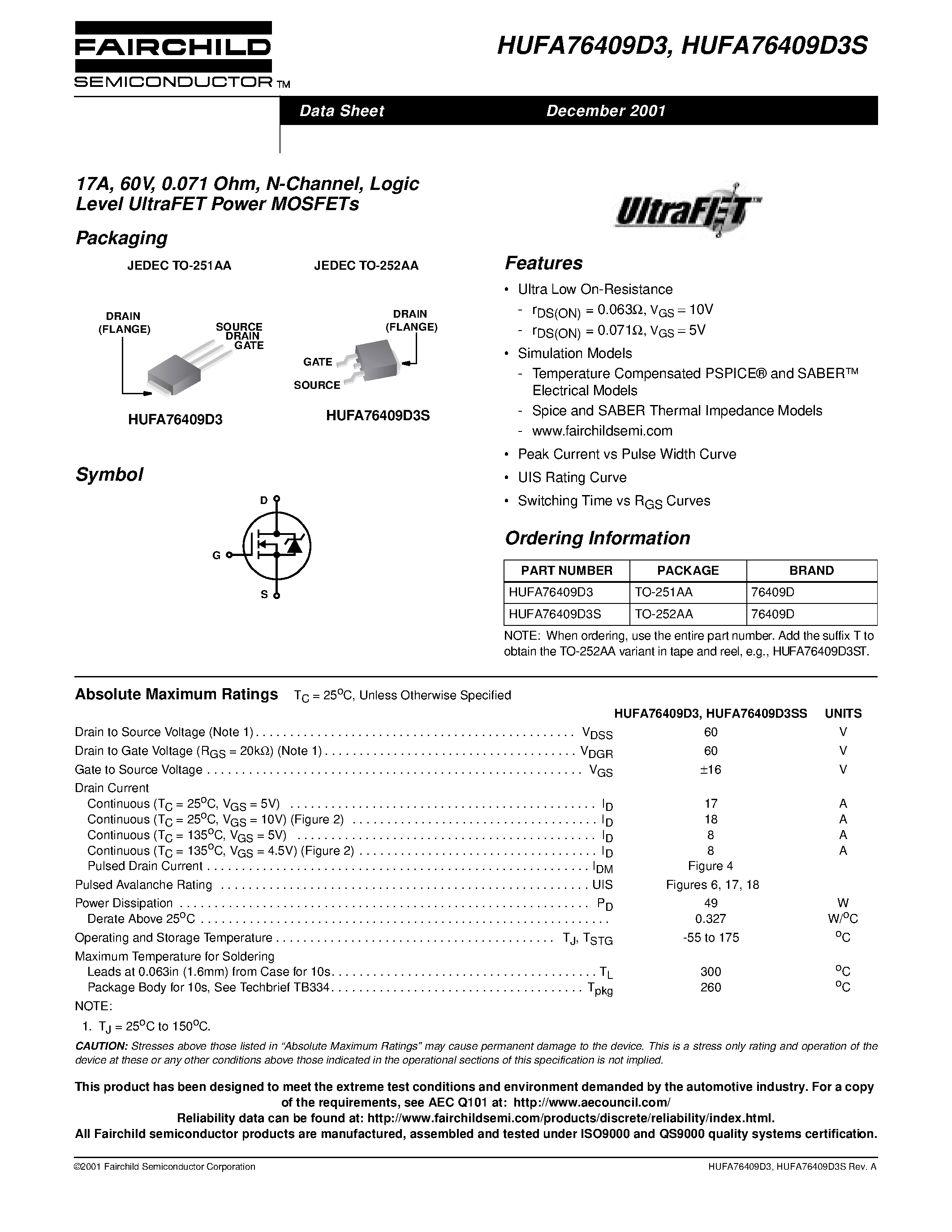 Даташит HUFA76409D3 - 17A/ 60V/ 0.071 Ohm/ N-Channel/ Logic Level UltraFET Power MOSFETs страница 1