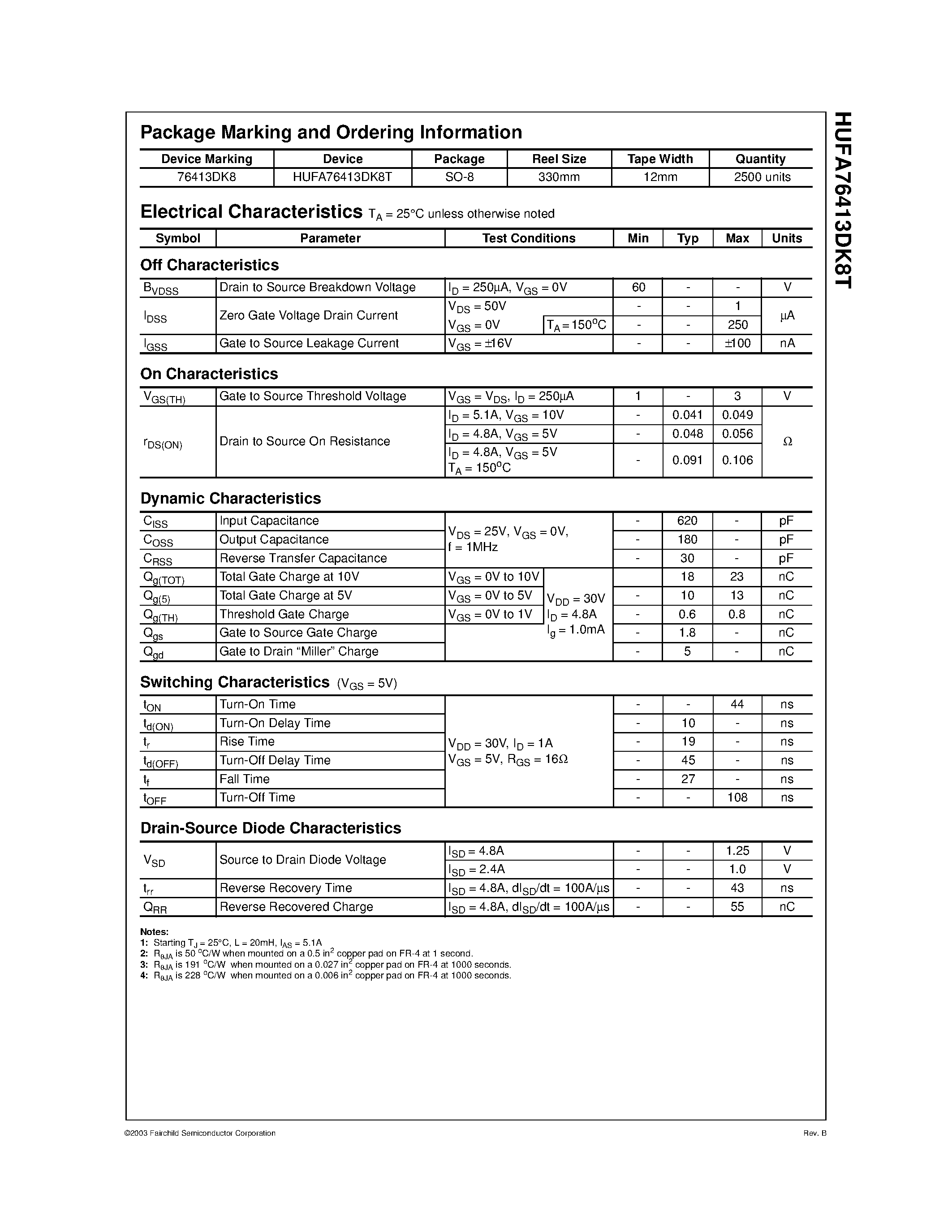 Datasheet HUFA76413DK8T - N-Channel Logic Level UltraFET Power MOSFET 60V/ 4.8A/ 56m page 2