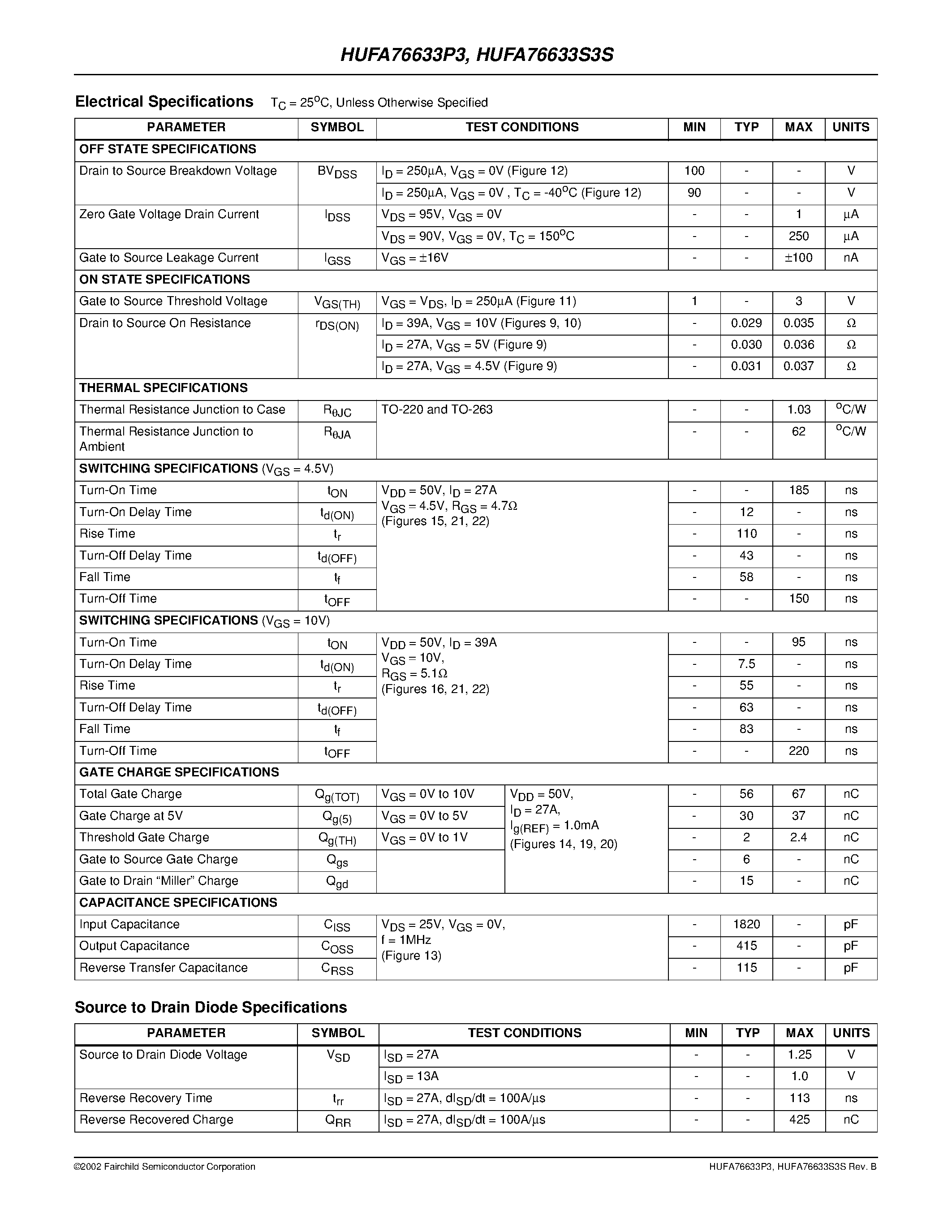 Datasheet HUFA76633P3 - 38A/ 100V/ 0.036 Ohm/ N-Channel/ Logic Level UltraFET Power MOSFET page 2