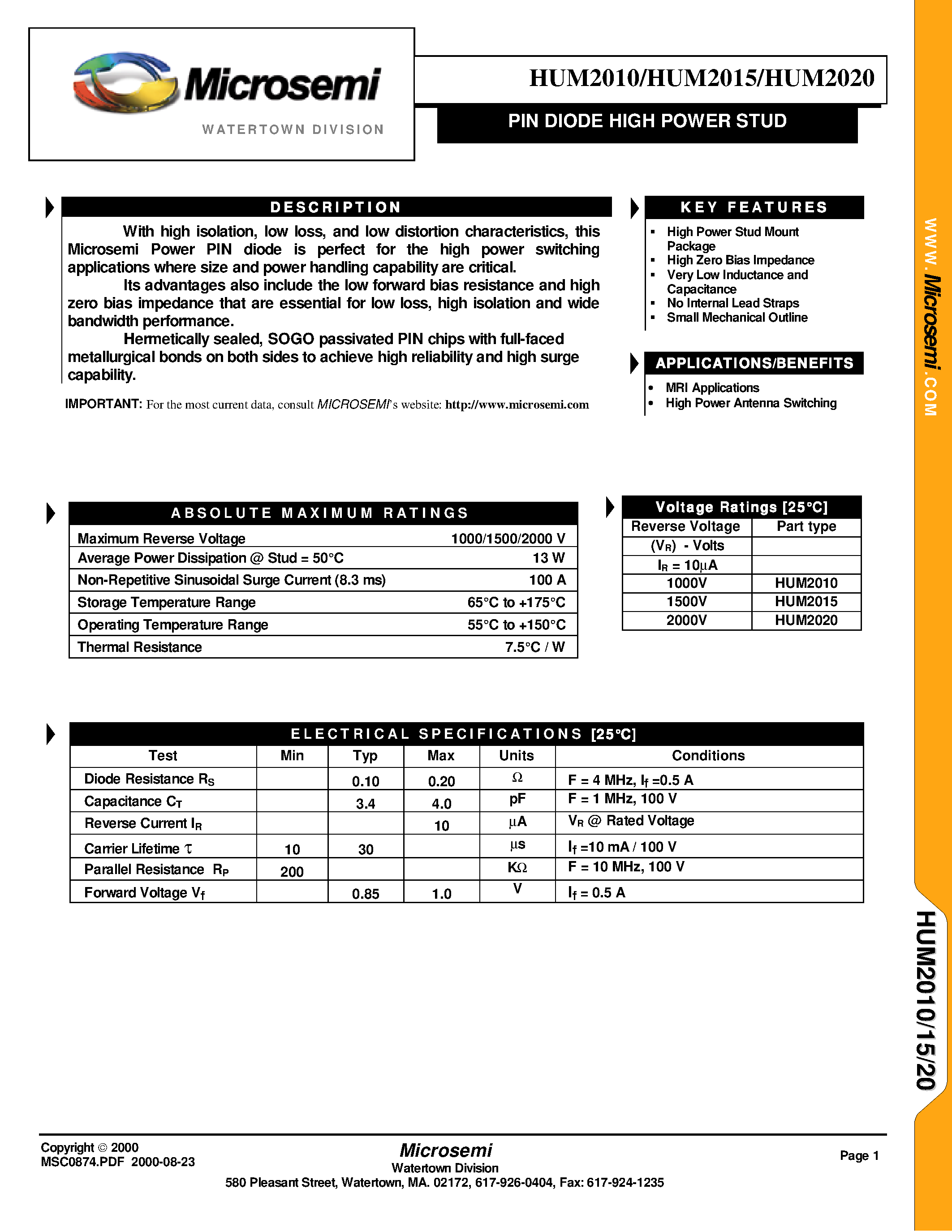 Datasheet HUM2015 page 1 Datasheet HUM2015 - PIN DIODE HIGH POWER STUD page 1