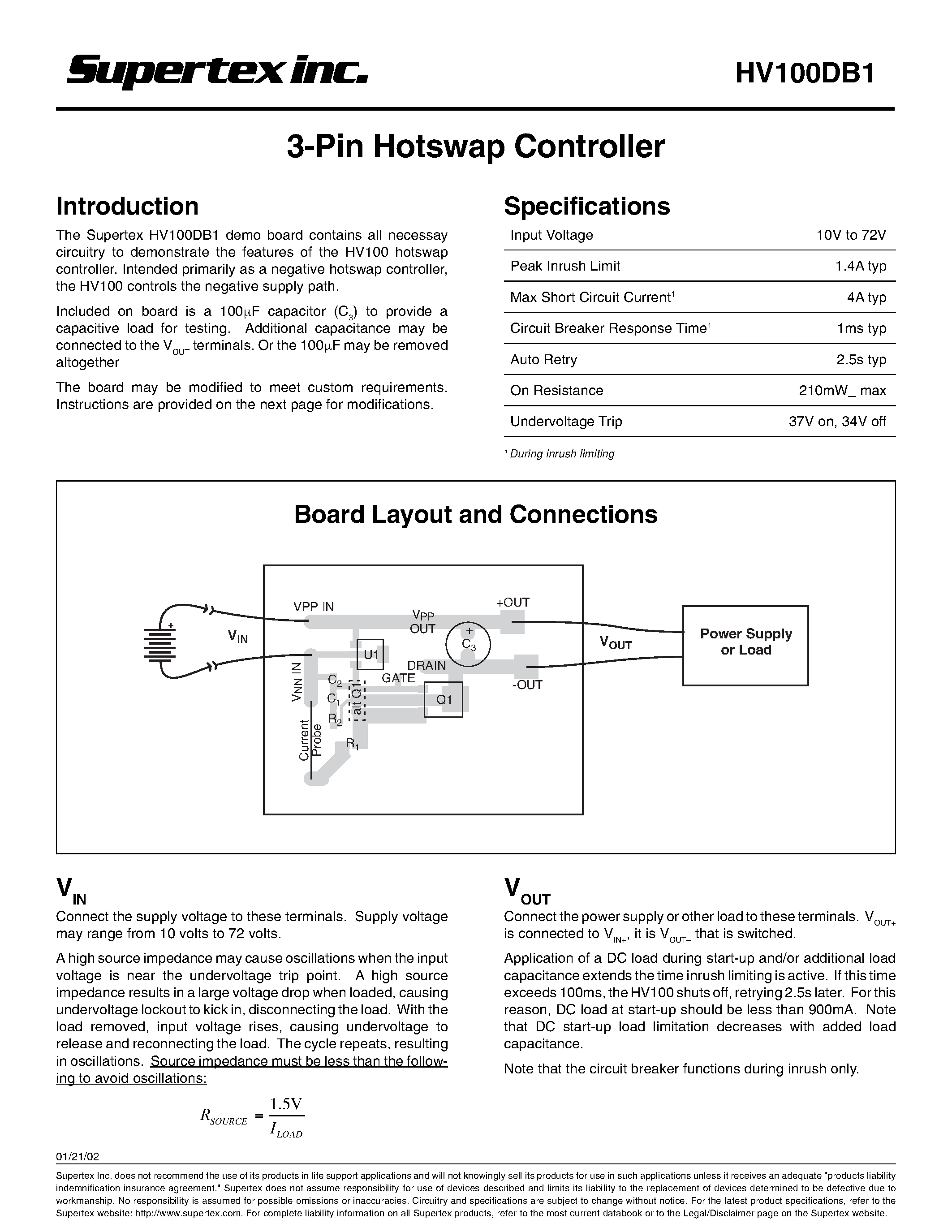 Даташит HV100DB1 - 3-Pin Hotswap Controller страница 1