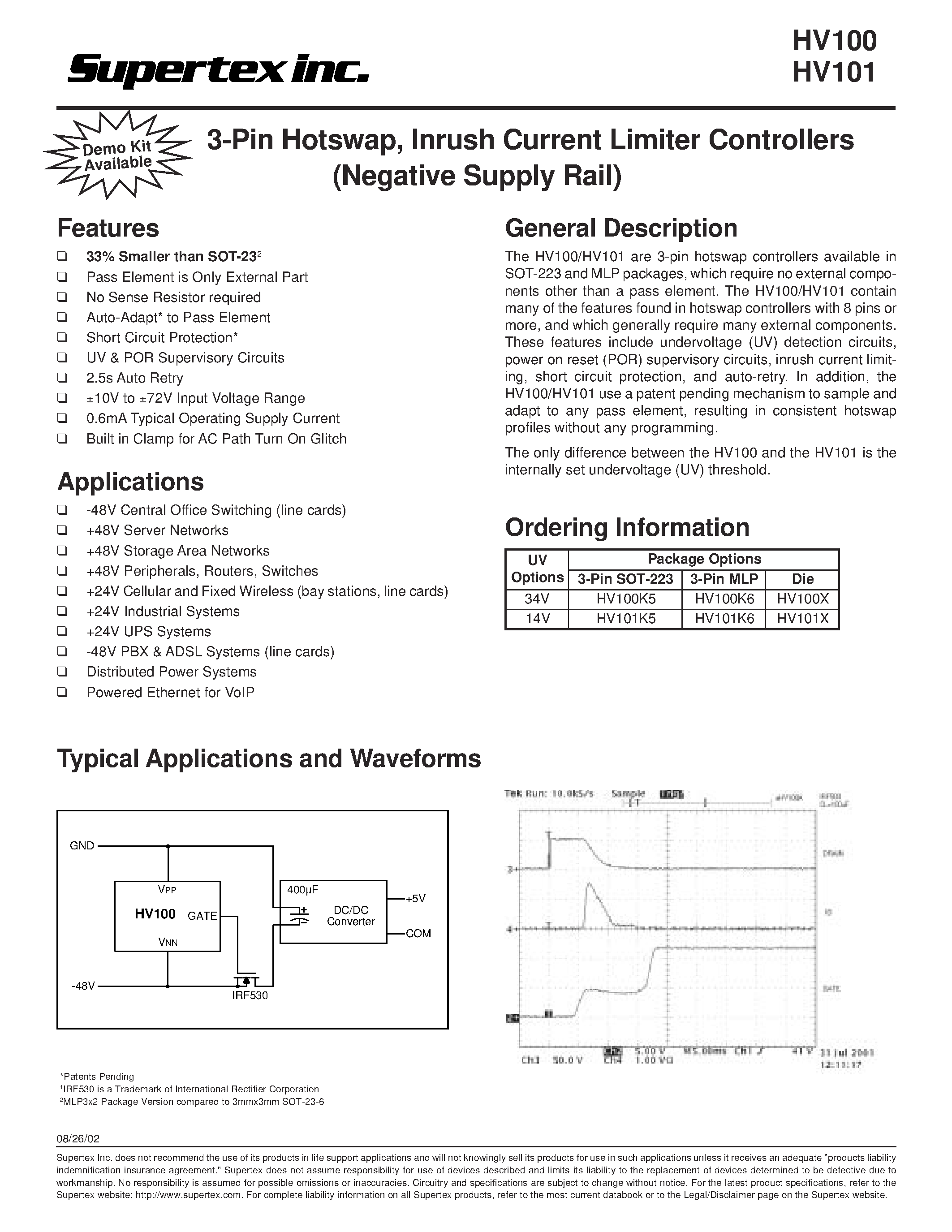 Даташит HV100K6 - 3-Pin Hotswap/ Inrush Current Limiter Controllers страница 1
