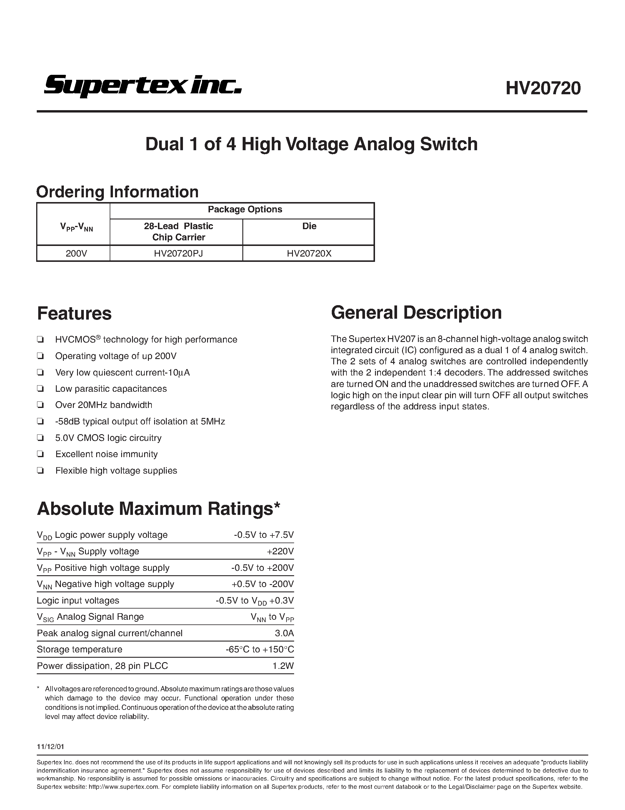 Даташит HV20720X - Dual 1 of 4 High Voltage Analog Switch страница 1