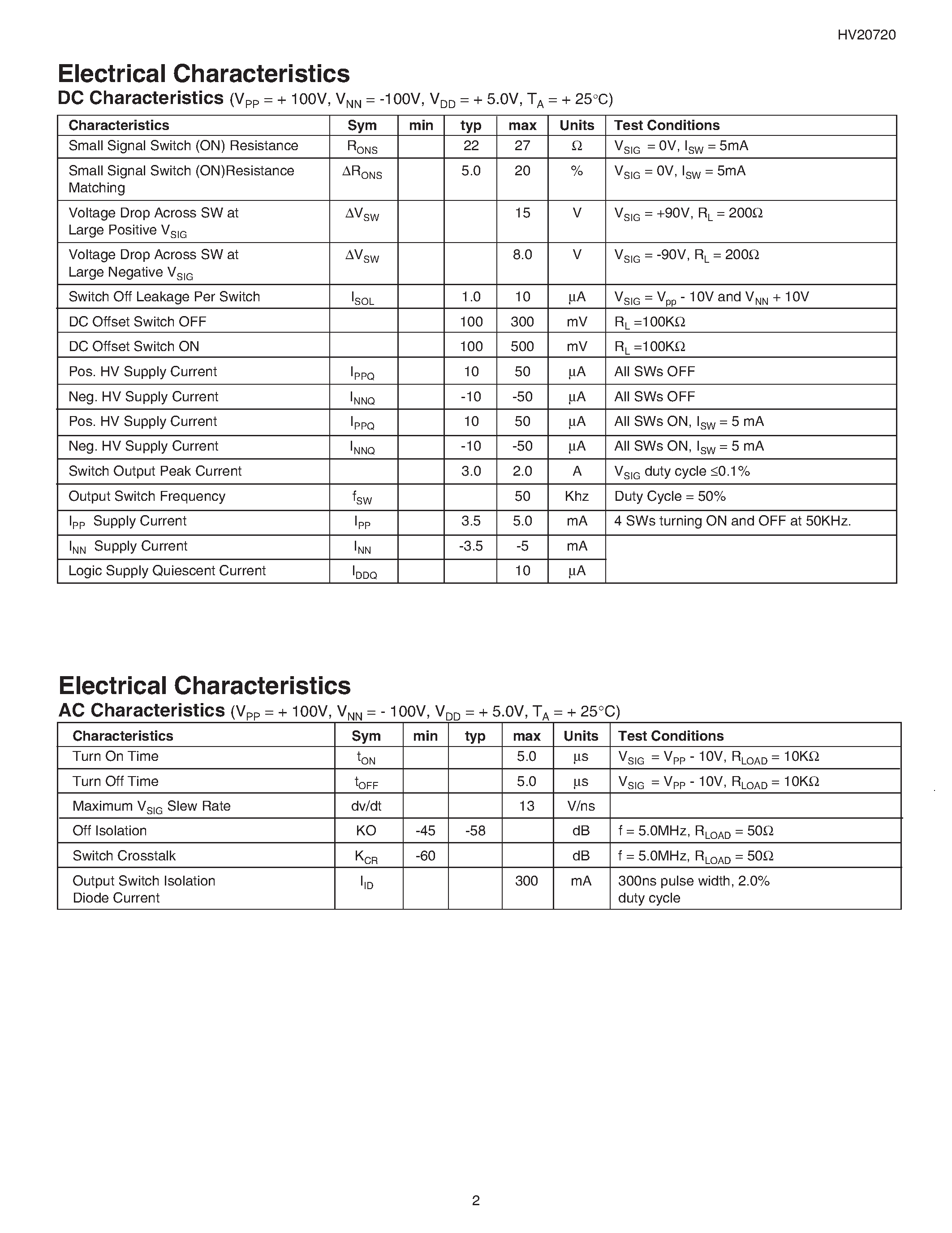 Даташит HV20720X - Dual 1 of 4 High Voltage Analog Switch страница 2