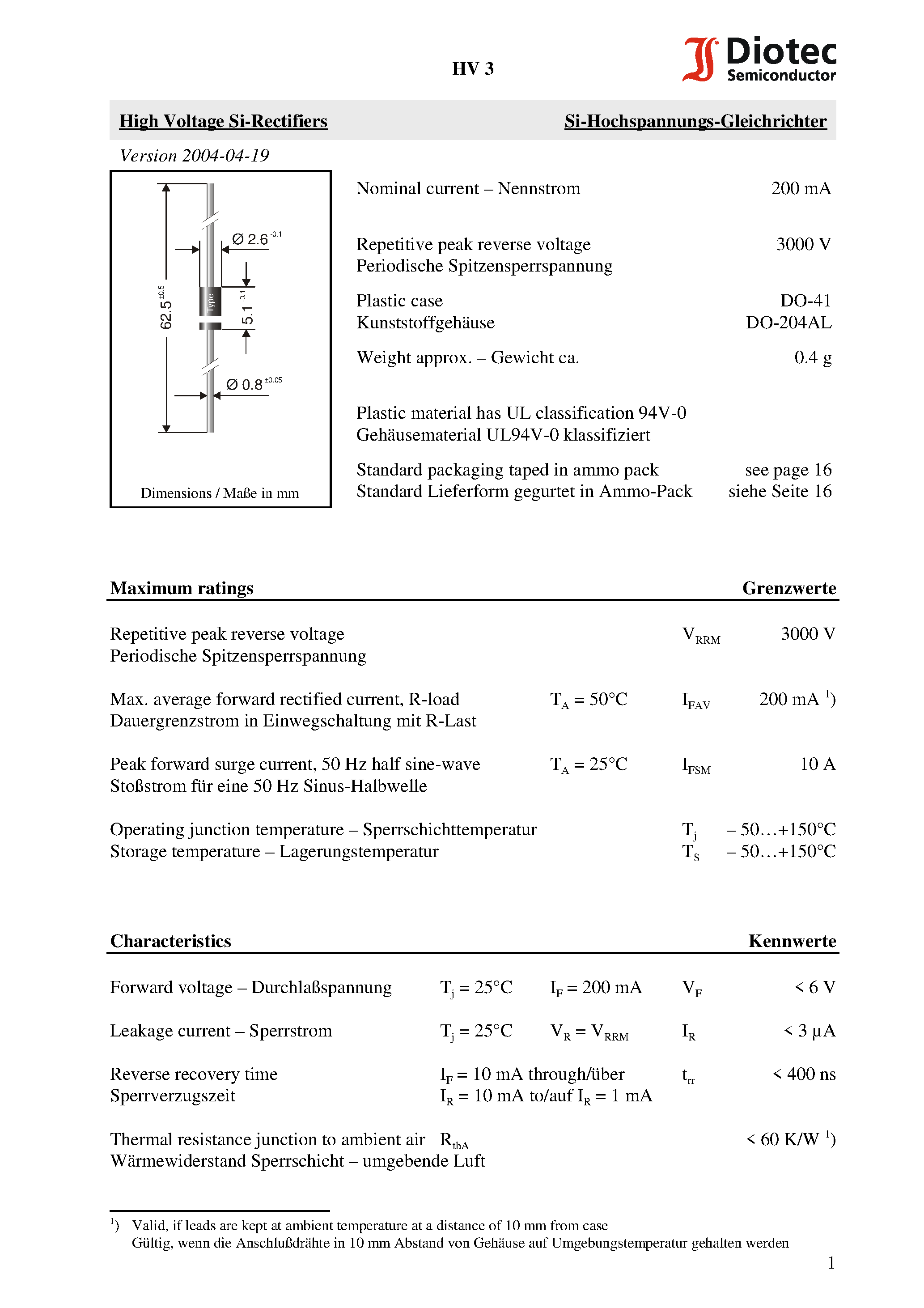 Datasheet HV3 page 1 Datasheet HV3 - High Voltage Si-Rectifiers page 1