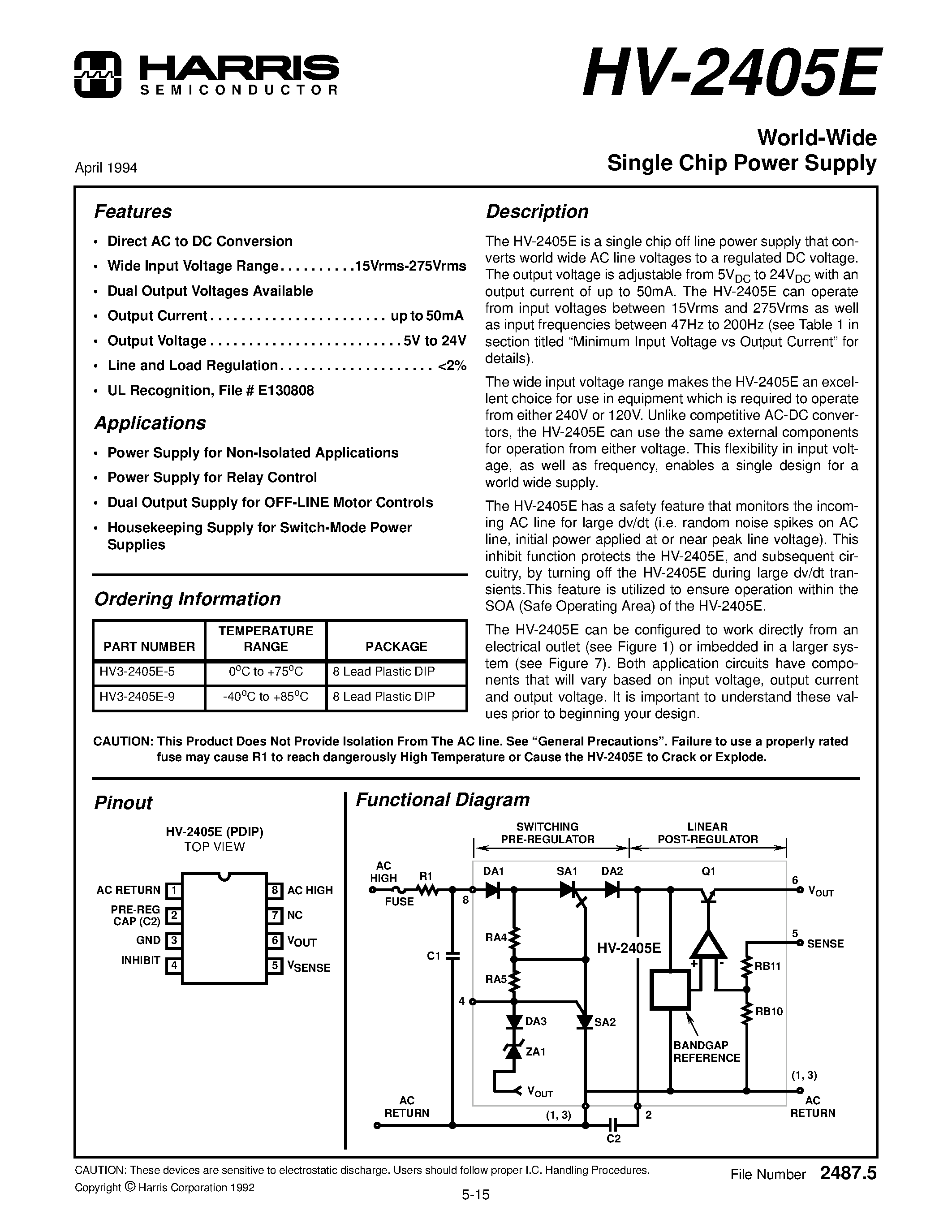 Даташит на микросхему HV3-2405E-9 страница 1 Даташит HV3-2405E-9 - World-Wide Single Chip Power Supply страница 1