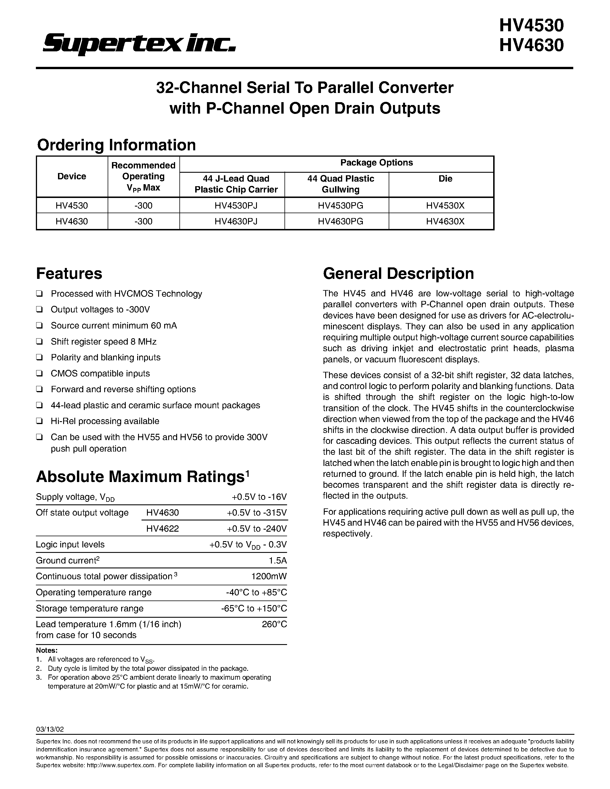 Datasheet HV4630PJ page 1 Datasheet HV4630PJ - 32-Channel Serial To Parallel Converter with P-Channel Open Drain Outputs page 1