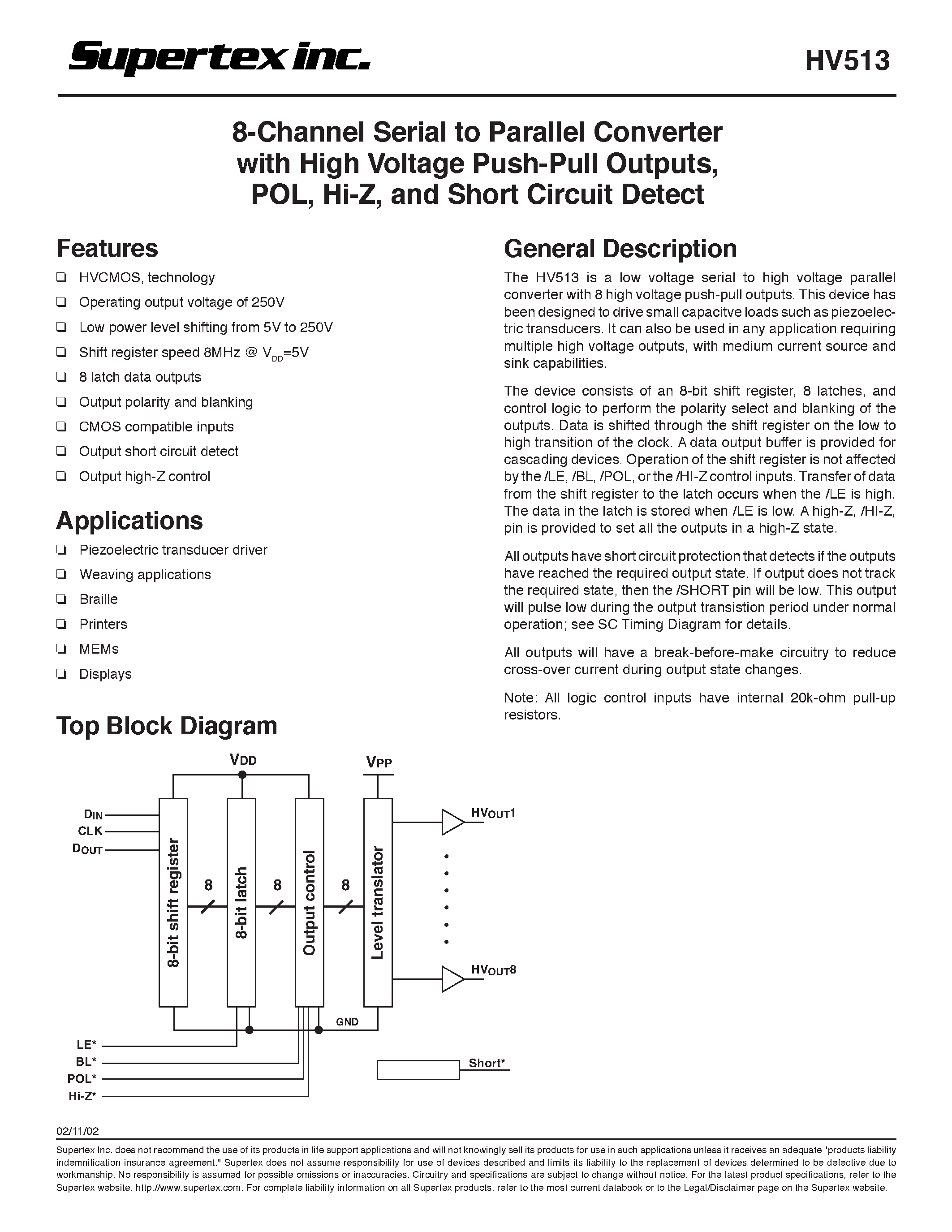 Datasheet HV513 - 8-Channel Serial to Parallel Converter with High Voltage Push-Pull Outputs/ POL/ Hi-Z/ and Short Circuit Detect page 1