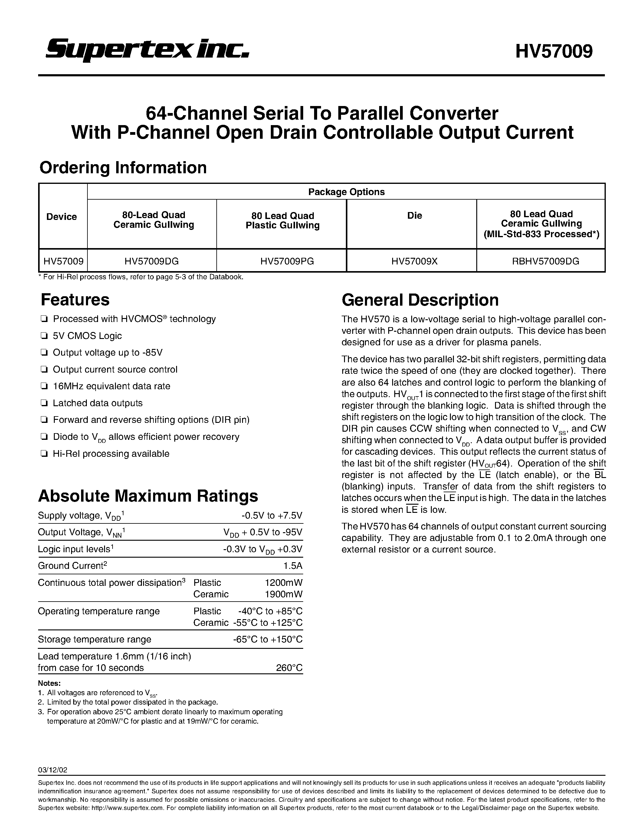 Datasheet HV57009X - 64-Channel Serial To Parallel Converter With P-Channel Open Drain Controllable Output Current page 1