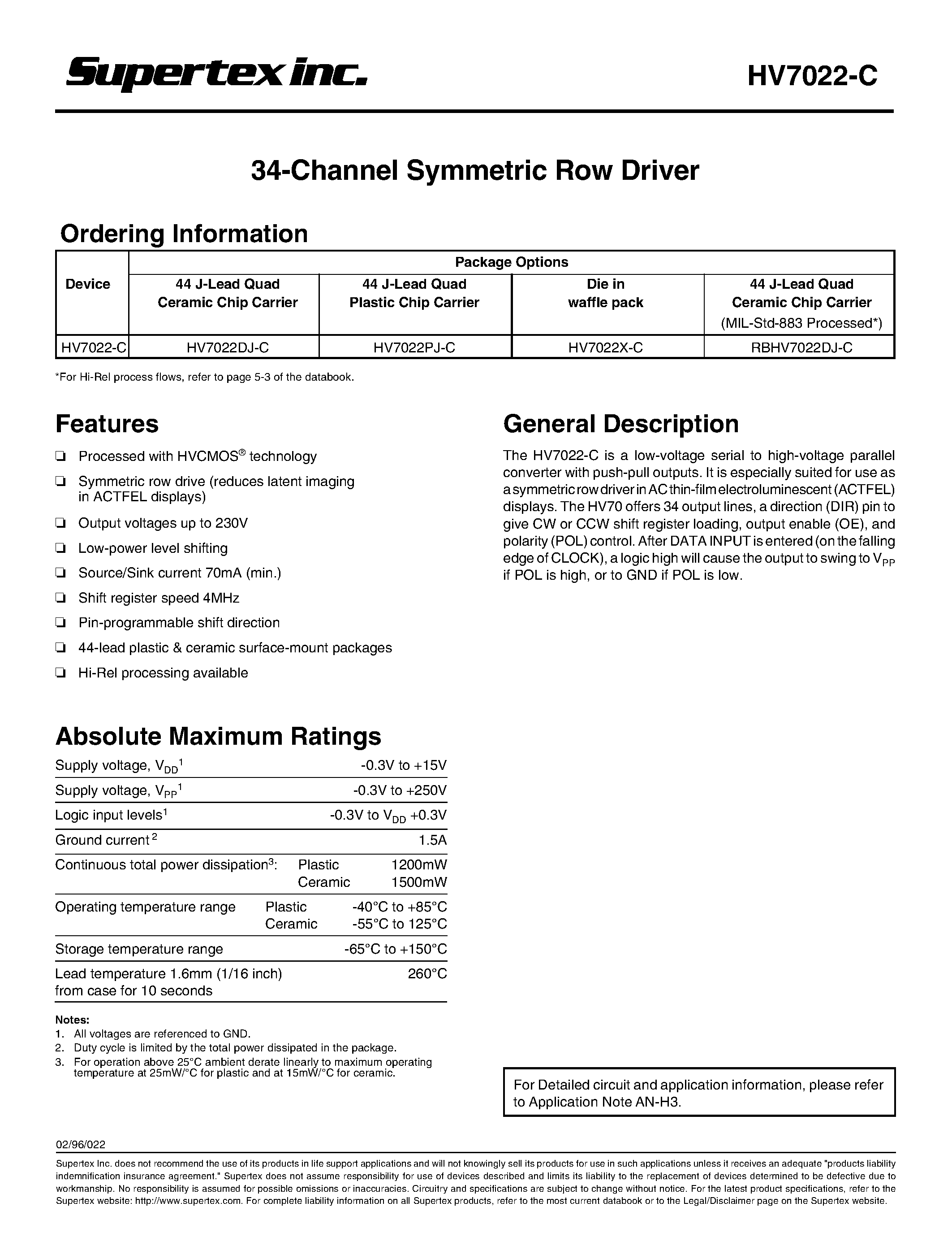 Datasheet HV7022X-C page 1 Datasheet HV7022X-C - 34-Channel Symmetric Row Driver page 1