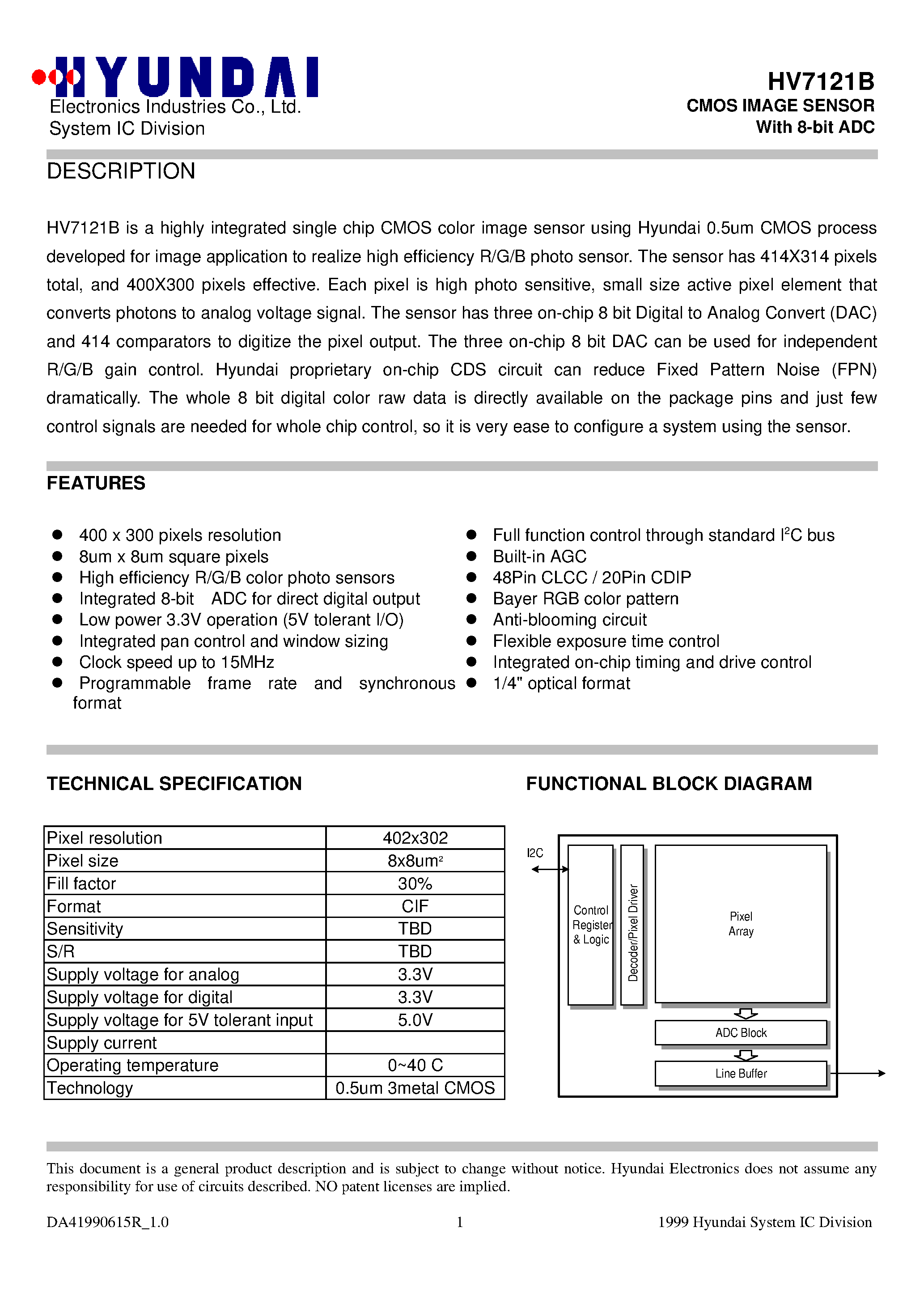 Datasheet HV7121B - CMOS IMAGE SENSOR With 8-bit ADC page 1
