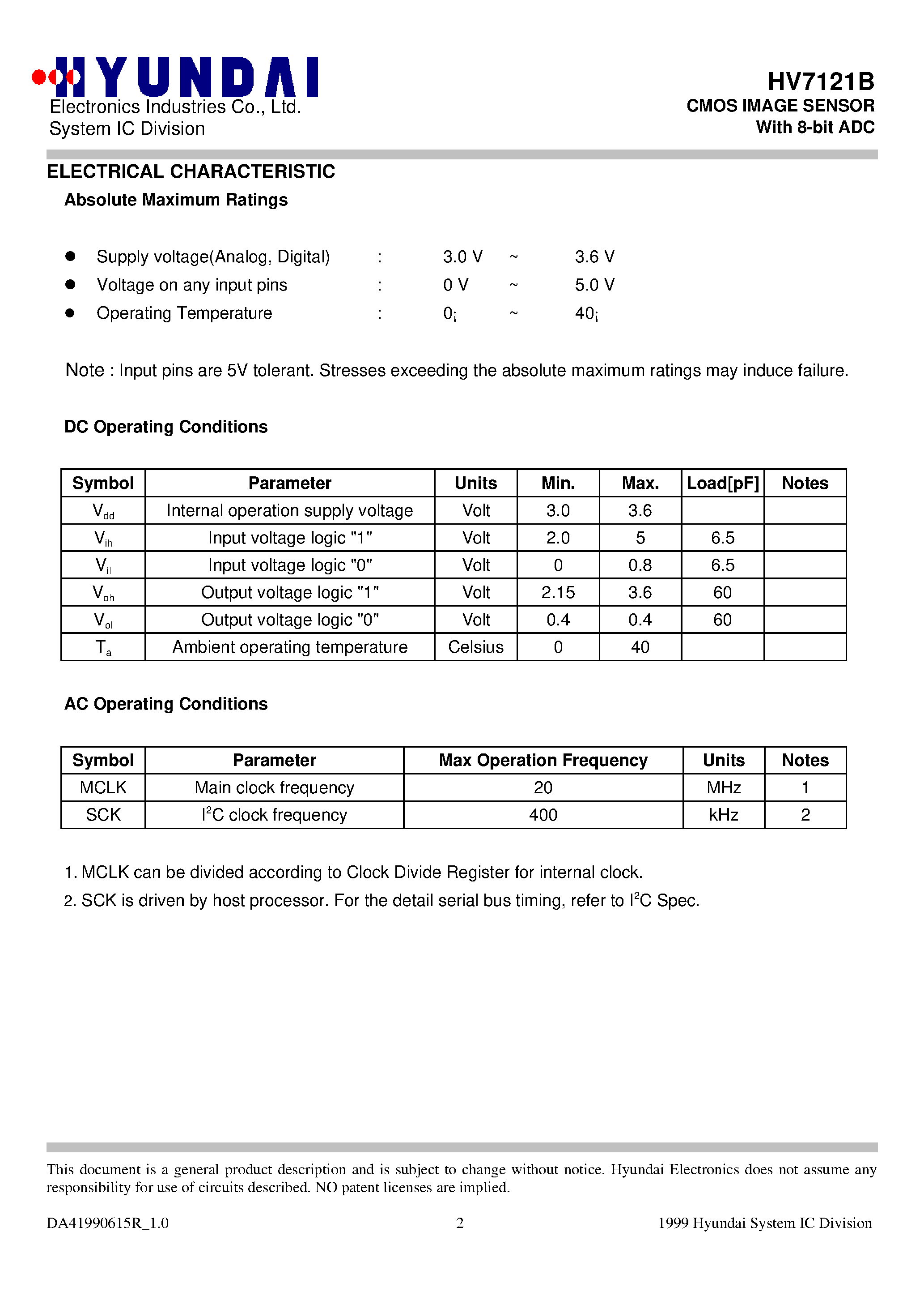 Datasheet HV7121B - CMOS IMAGE SENSOR With 8-bit ADC page 2