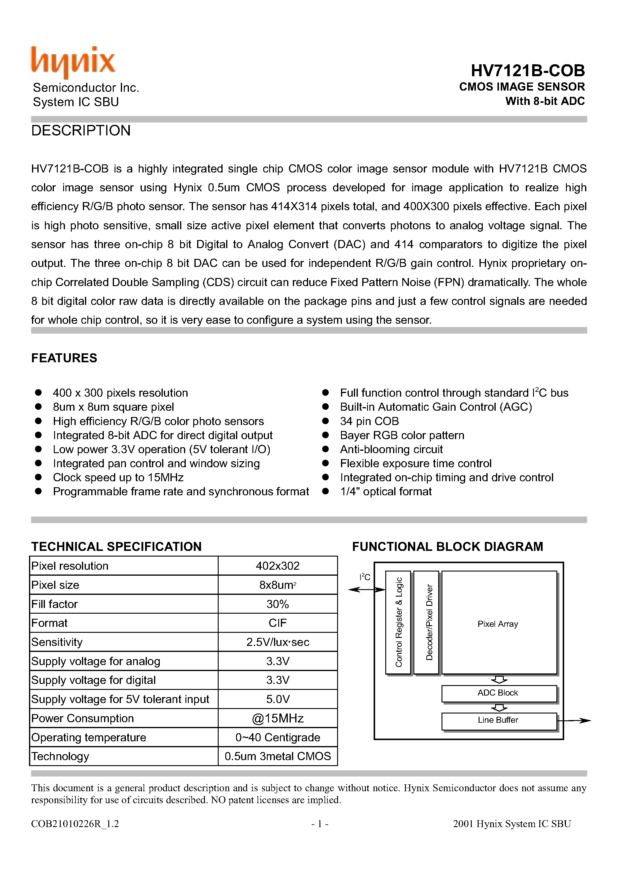 Datasheet HV7121B-COB - CMOS IMAGE SENSOR With 8-bit ADC page 1