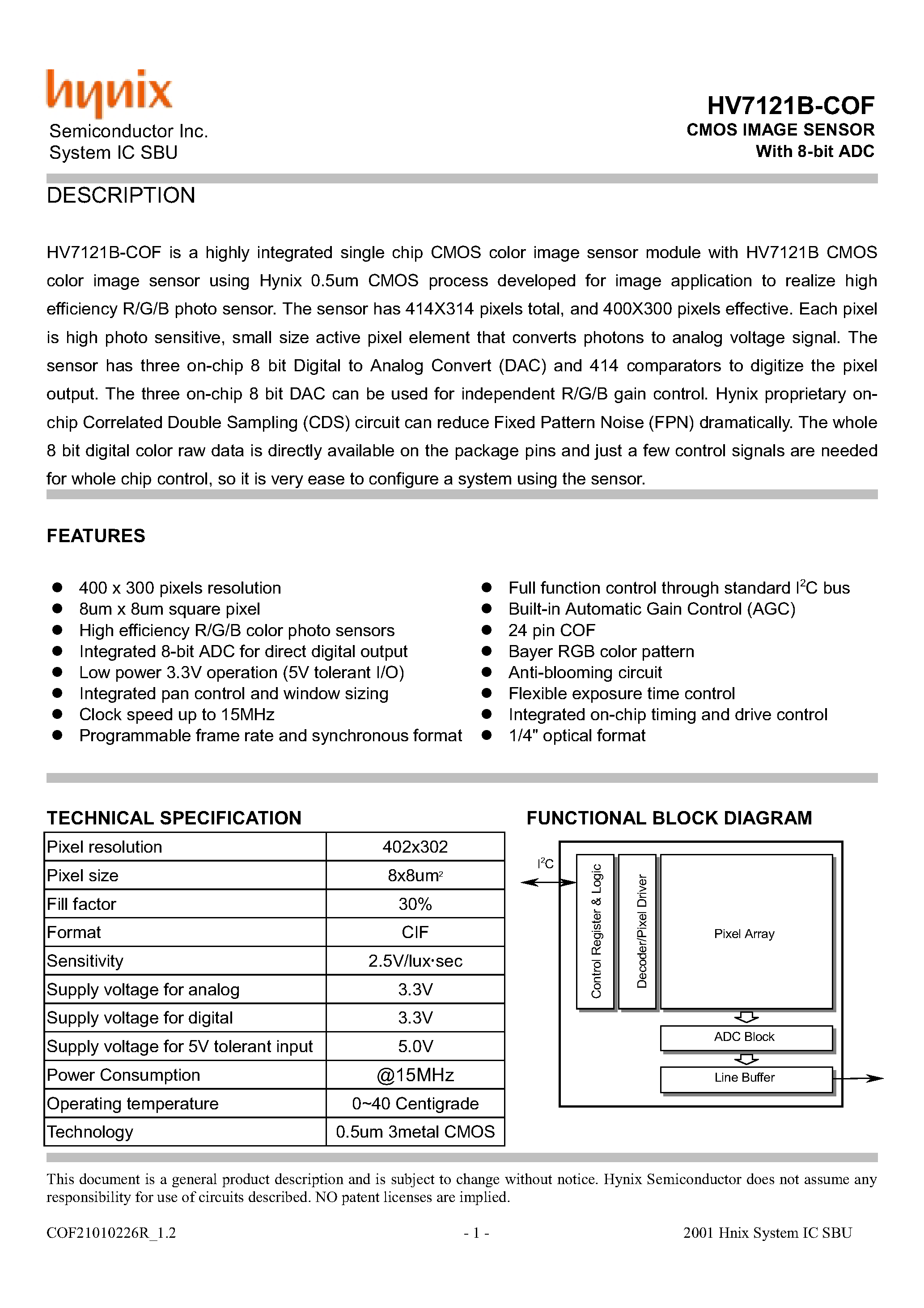 Datasheet HV7121B-COF - CMOS IMAGE SENSOR With 8-bit ADC page 1