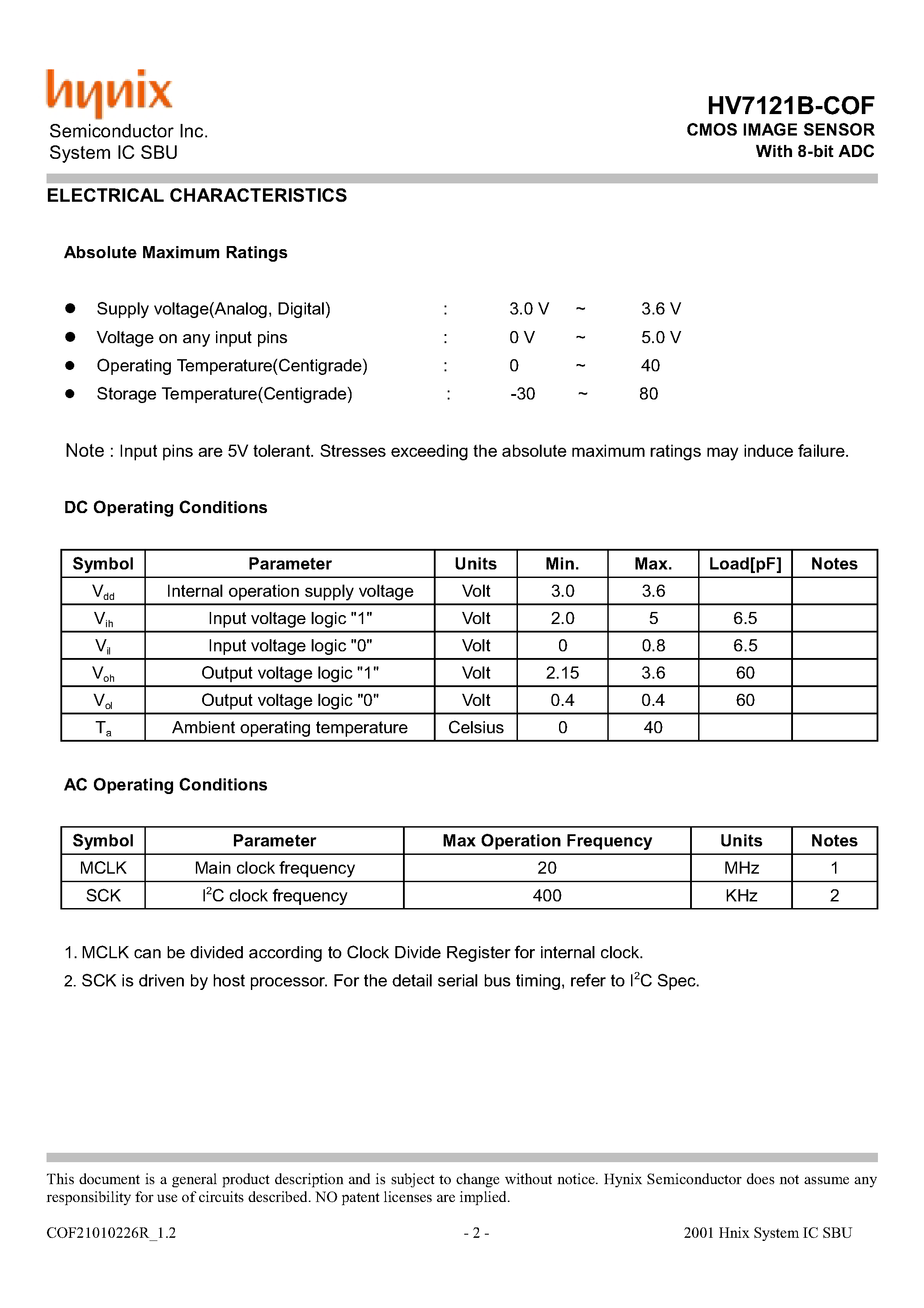Datasheet HV7121B-COF - CMOS IMAGE SENSOR With 8-bit ADC page 2