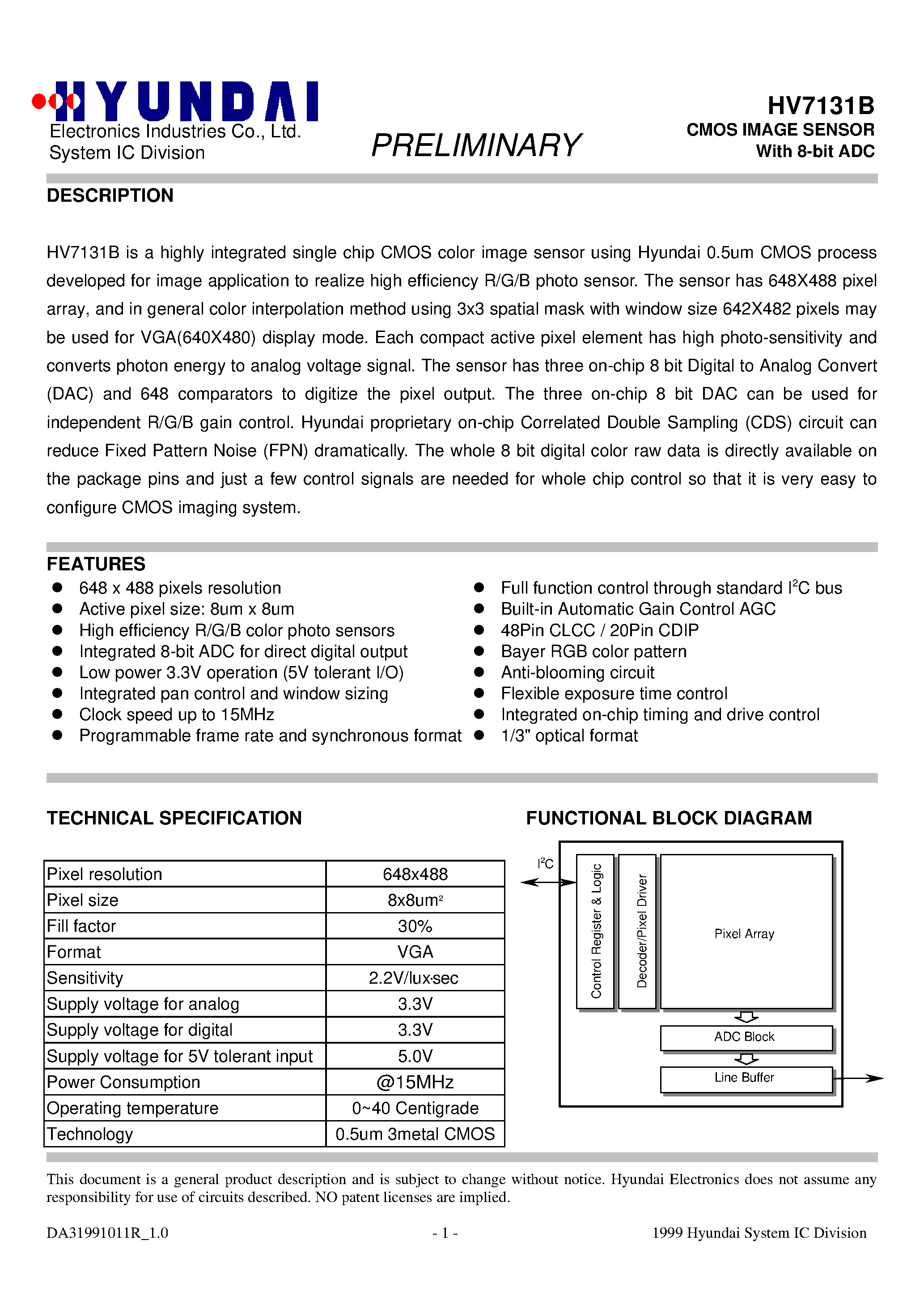 Datasheet HV7131B - CMOS IMAGE SENSOR With 8-bit ADC page 1